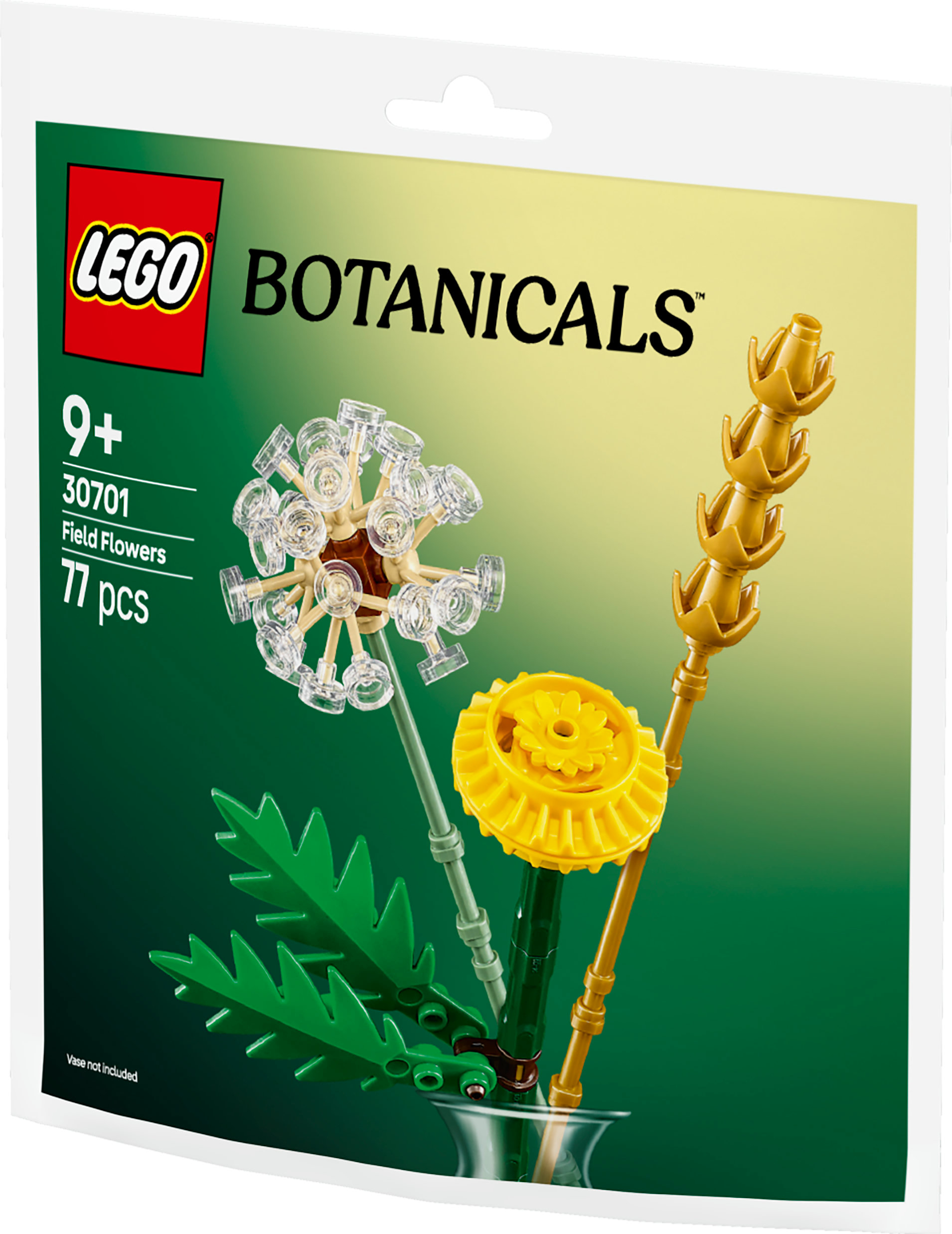 Lego Botanicals seti. Bir vazo içinde karahindiba ve buğday dahil olmak üzere Lego çiçeklerini gösterir. Arka plan yeşil ve sarıdır.