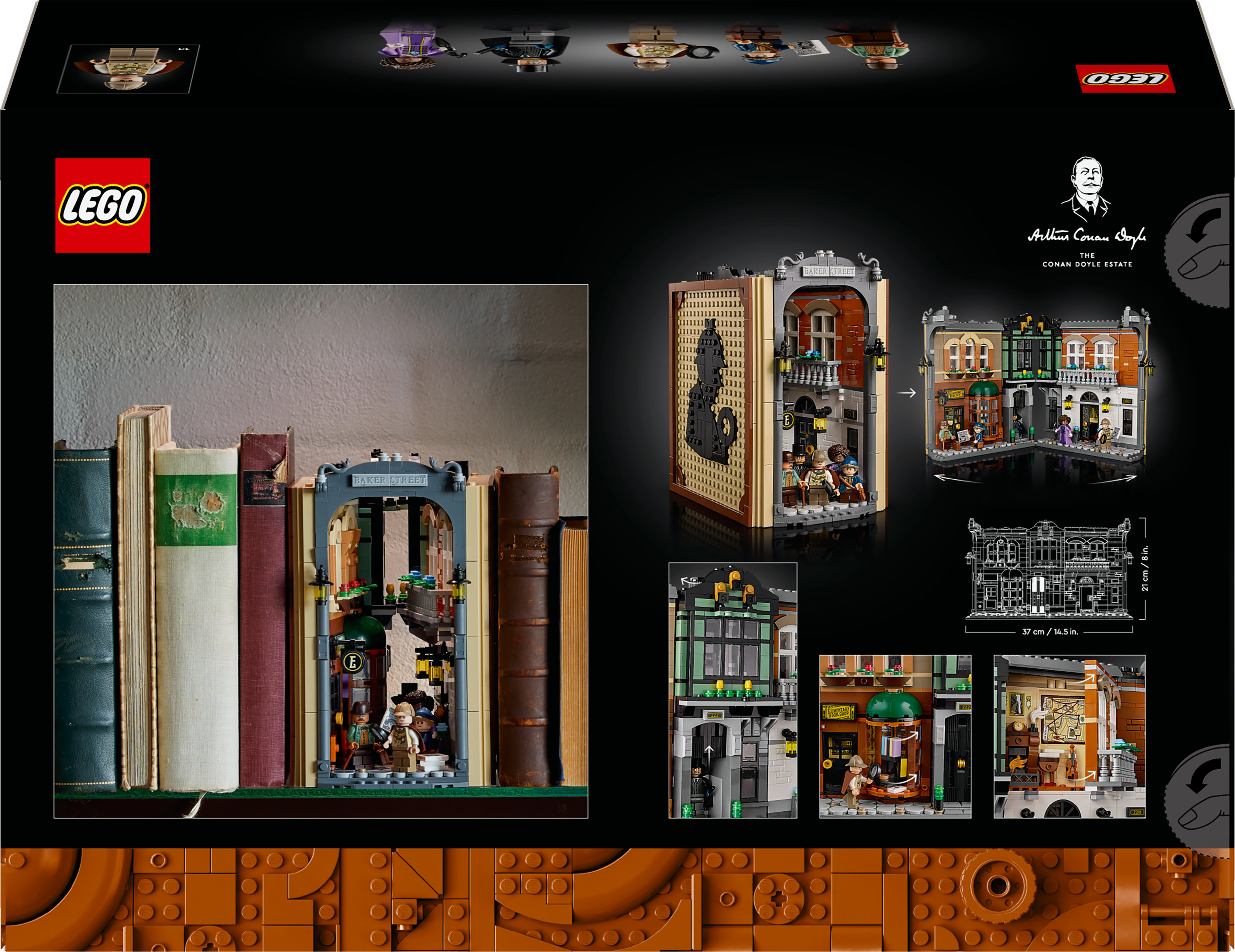 Zestaw LEGO. Model budynku z det. fasadami, znakiem ulicznym i miniaturowymi figurkami, na czarnym tle.