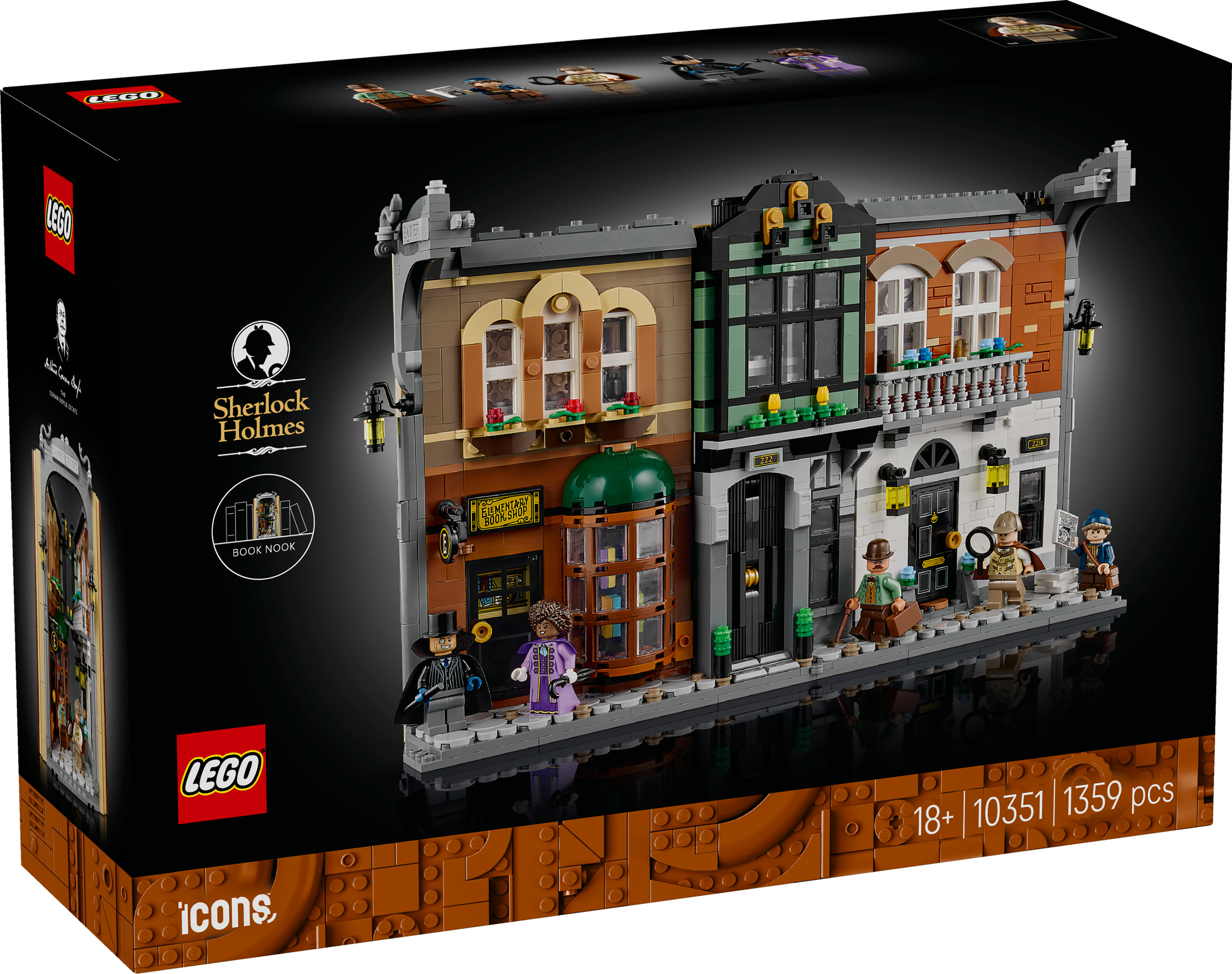Zestaw LEGO Sherlock Holmes. Pudełko przedstawia szczegółową scenę uliczną z minifigurkami. Zestaw zawiera sklepy i postacie.