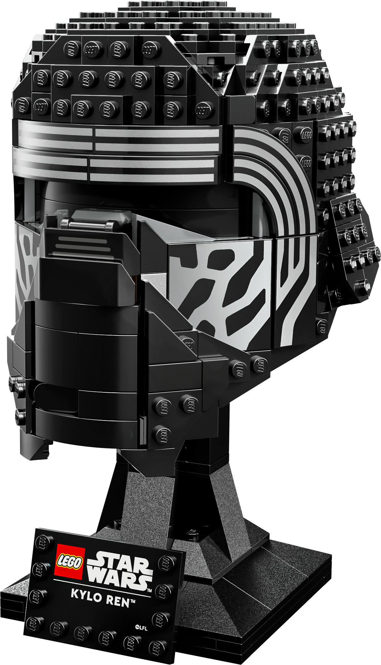 Hełm Kylo Ren LEGO. Czarne i srebrne detale. Kwadratowa podstawa z logo Star Wars i Kylo Ren.