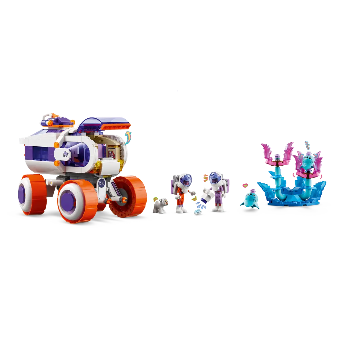 Un set LEGO con un rover spaziale, astronauti, un cane e strutture aliene acquatiche. Sfondo bianco.