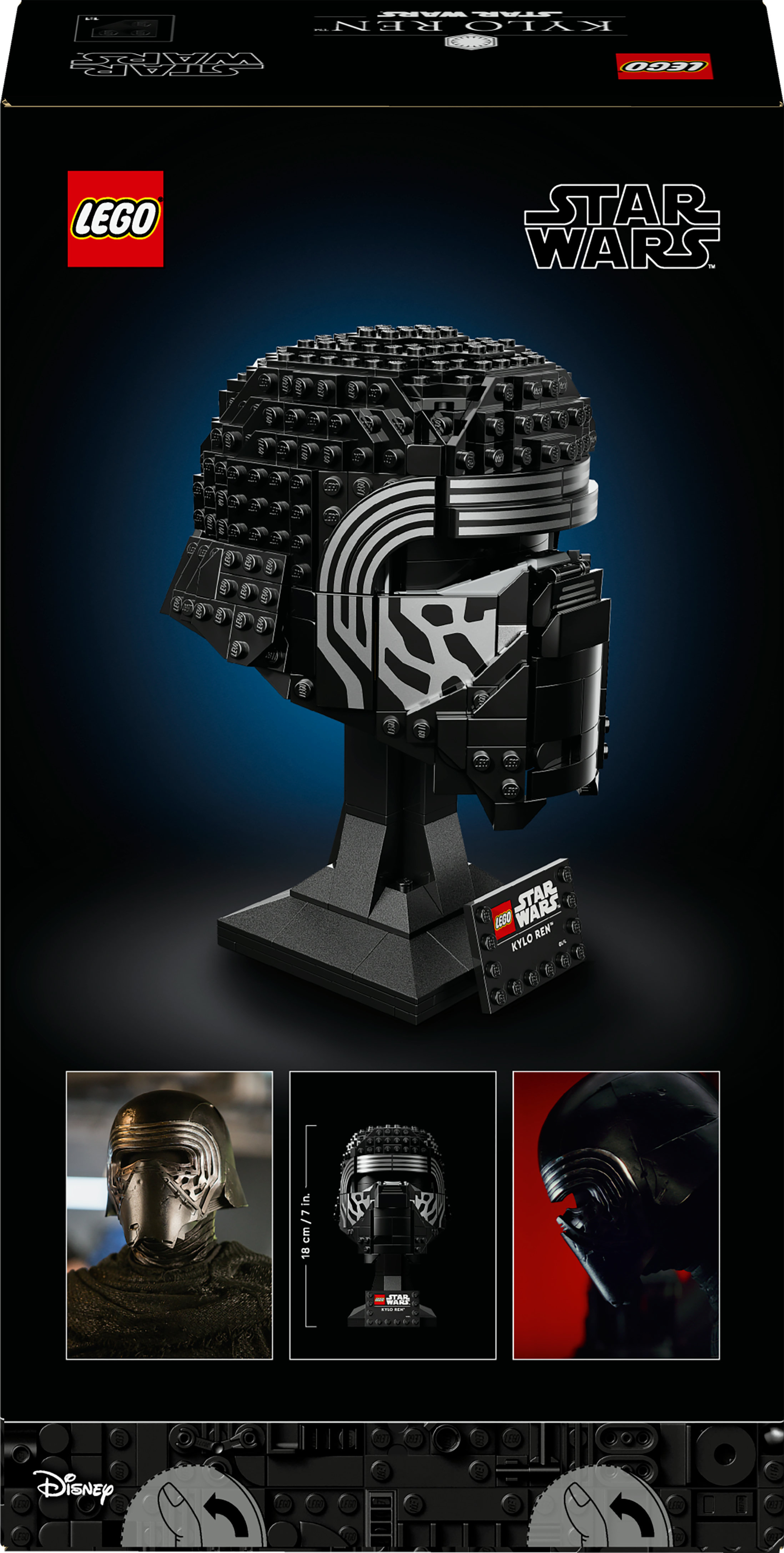 Zestaw kasku LEGO Star Wars Kylo Ren. Czarny kask stoi na czarnym stojaku z logo Star Wars i LEGO.