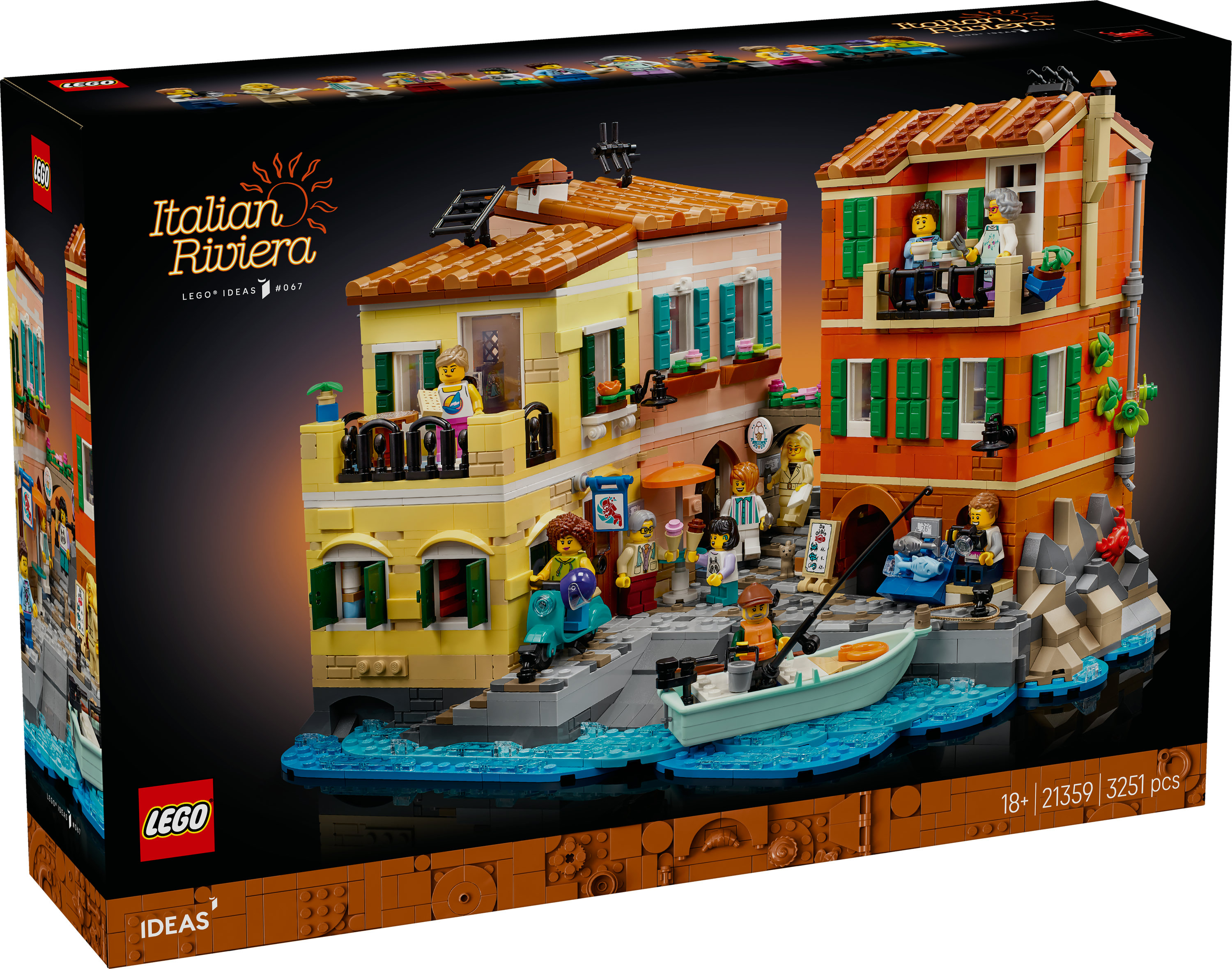 Lego set kutusu. Binalar, figürler, tekne ve su ile İtalyan Rivierası sahnesi. Set 3251 parça içerir.