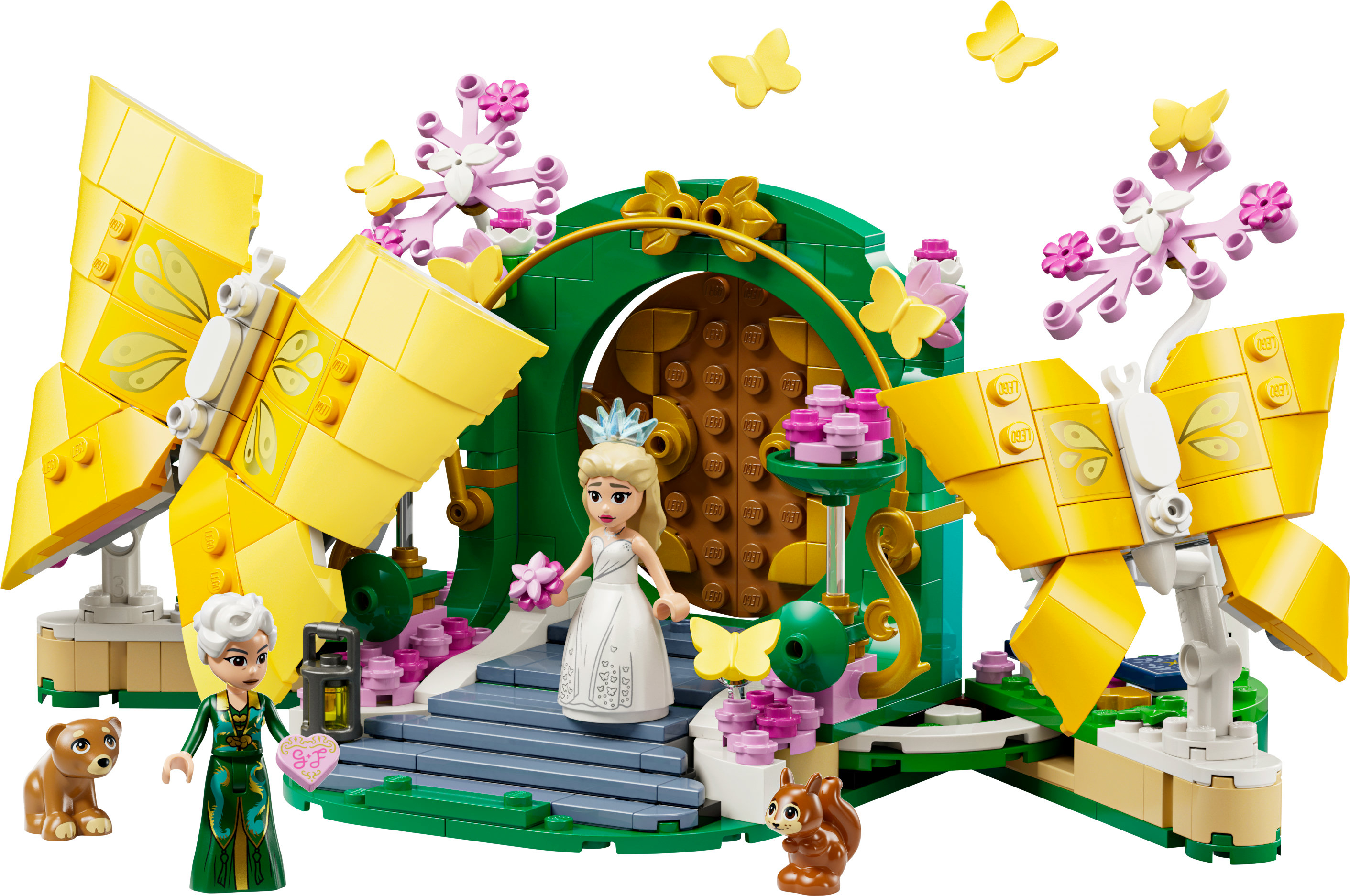 Set LEGO con personaggi, un arco nuziale e decorazioni a farfalla gialla. Include una sposa, Elsa e altri personaggi.