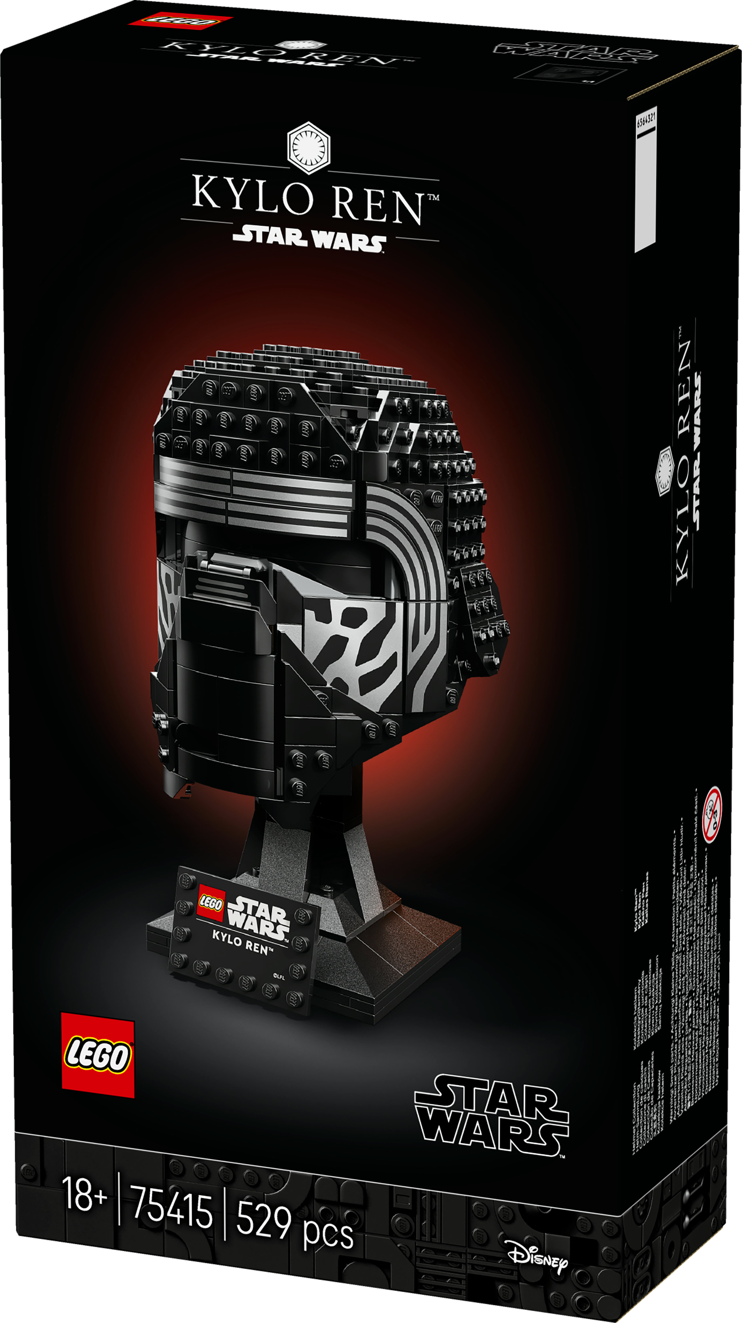 Czarny karton LEGO z hełmem Kylo Rena. Widoczne są logo Star Wars i LEGO.