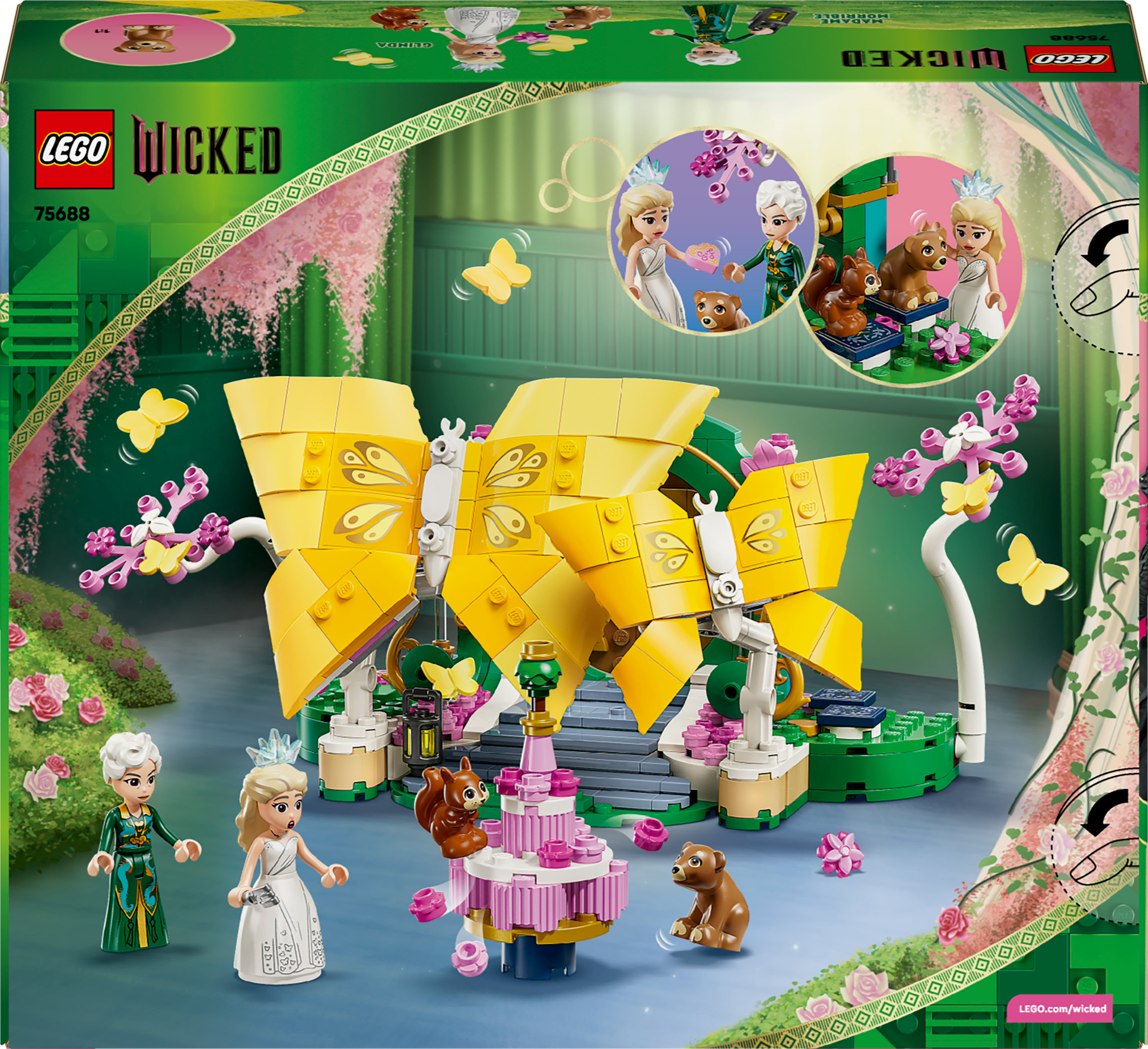 Set scatola Lego, con struttura a farfalla gialla, personaggi Glinda, Madame Morrible e torta rosa.