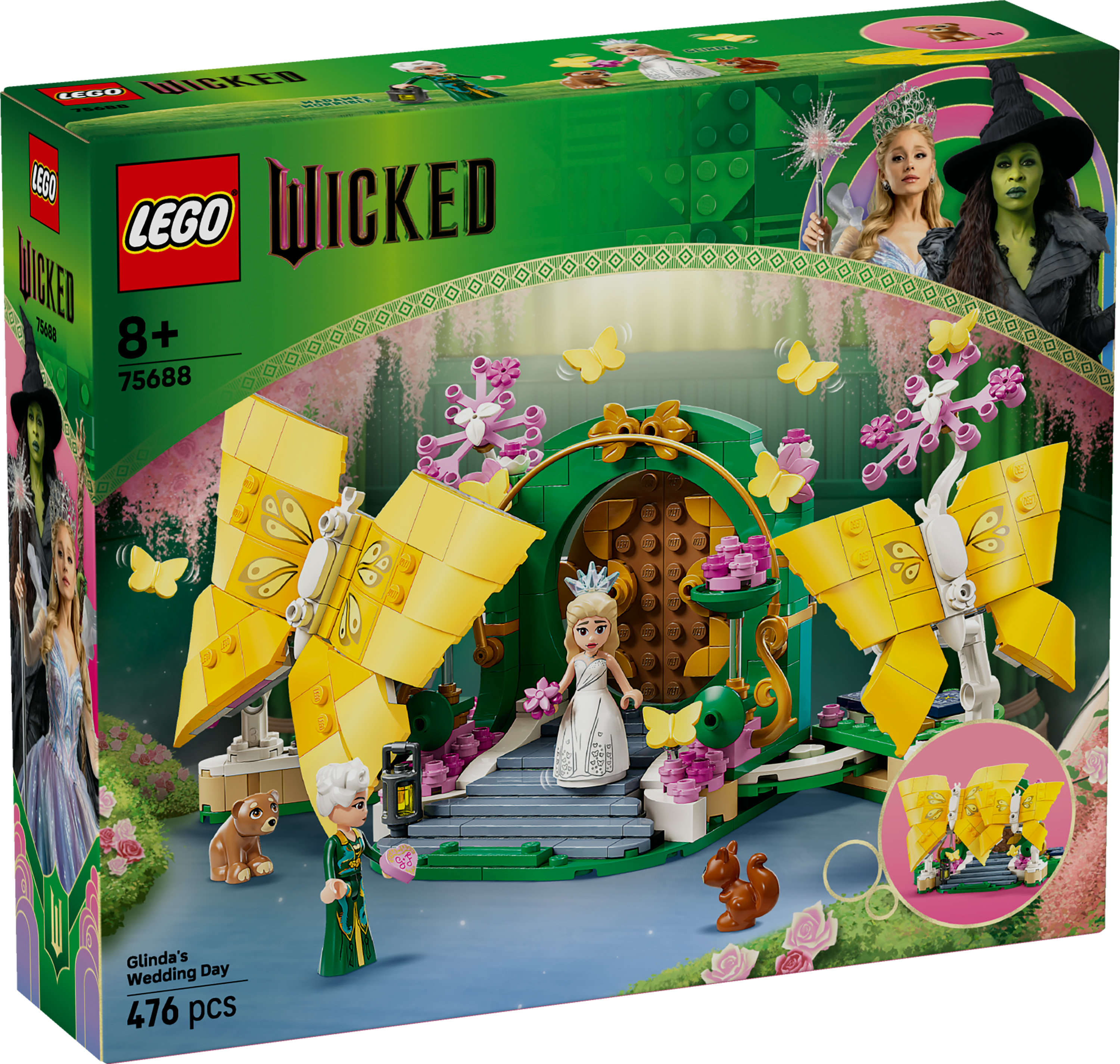 Scatola del set Lego Wicked. Personaggi di Glinda ed Elphaba. Sono presenti ali di farfalla gialle e una struttura verde.