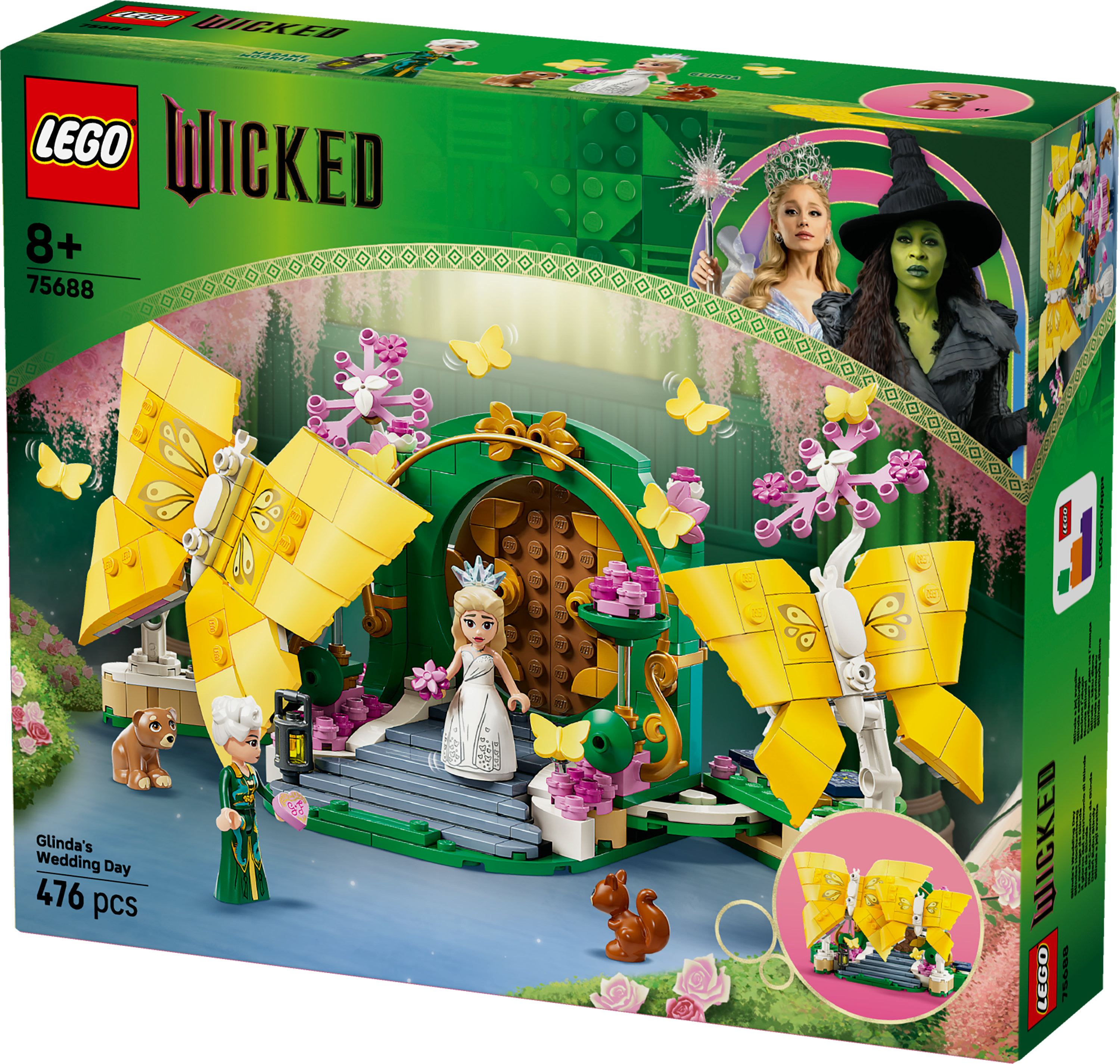 Set Lego. Presenta la scena del matrimonio di Glinda con figure, farfalle e un arco verde.