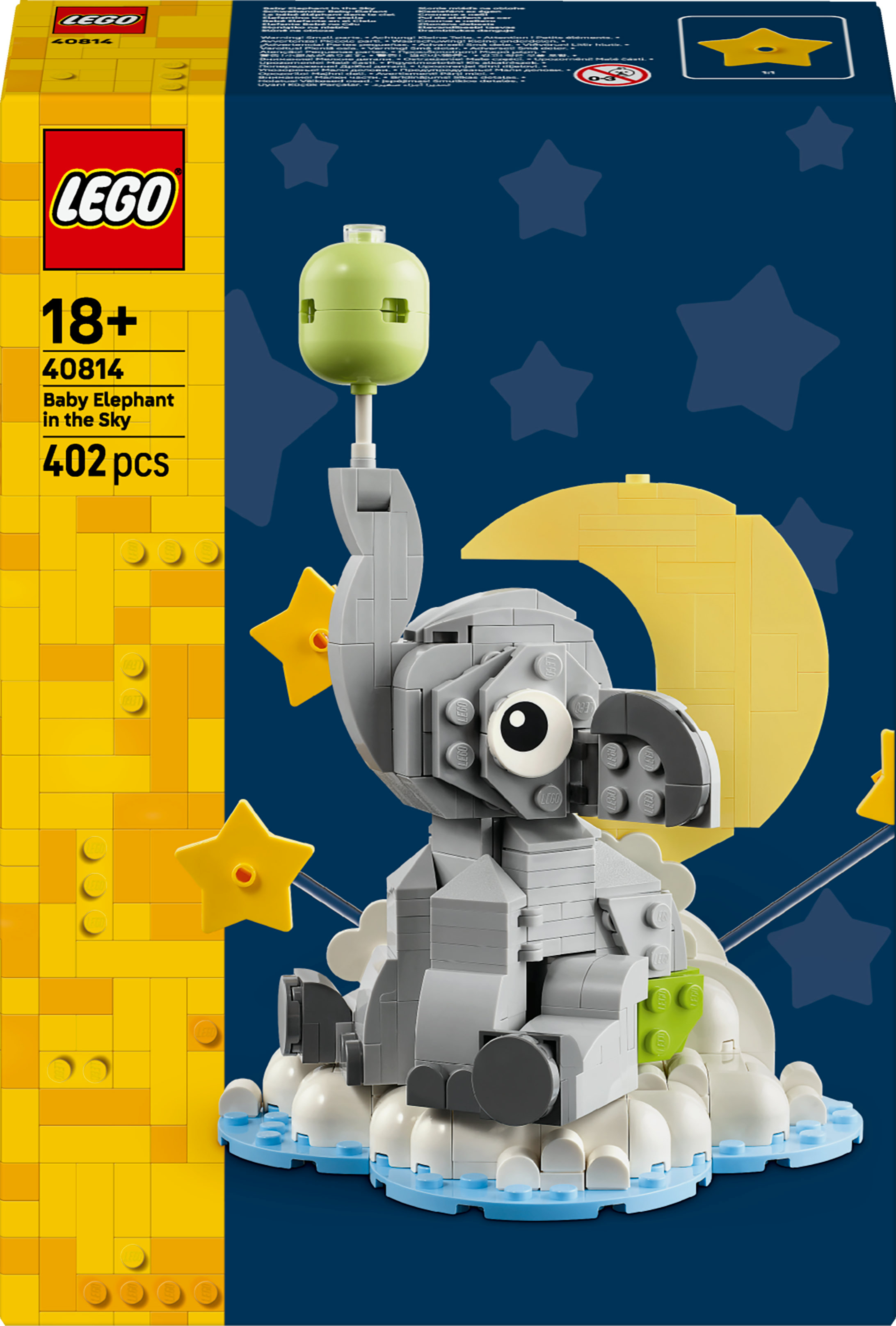 LEGO-set van een grijze olifant in de lucht met een gele maan, sterren en een groene ballon.
