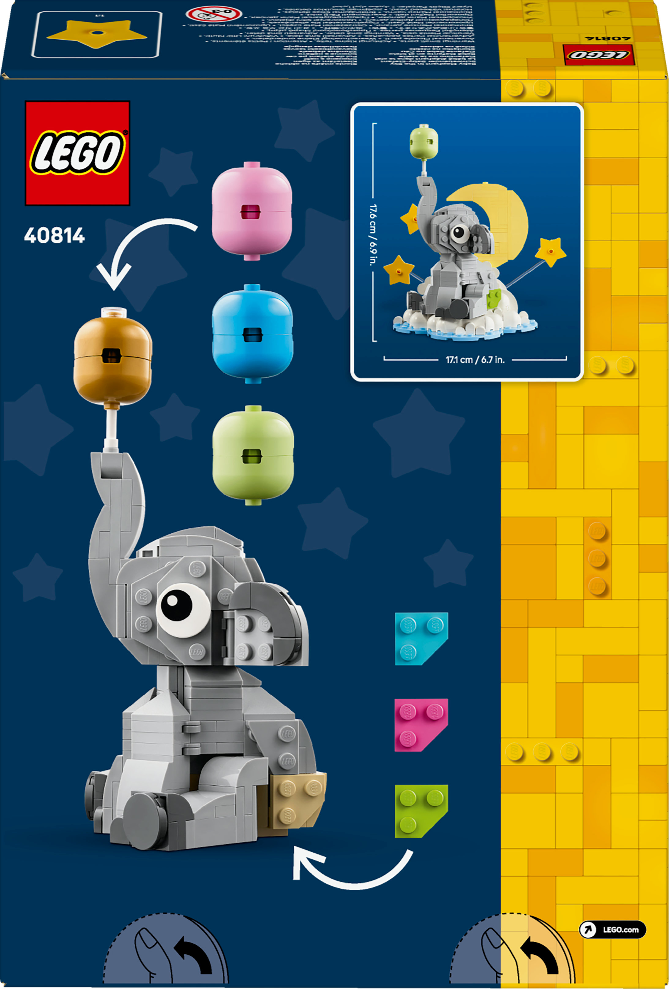 LEGO-doos met een grijs olifantenmodel, gele maan en sterren. Kleurrijke ronde blokken rond de olifant.