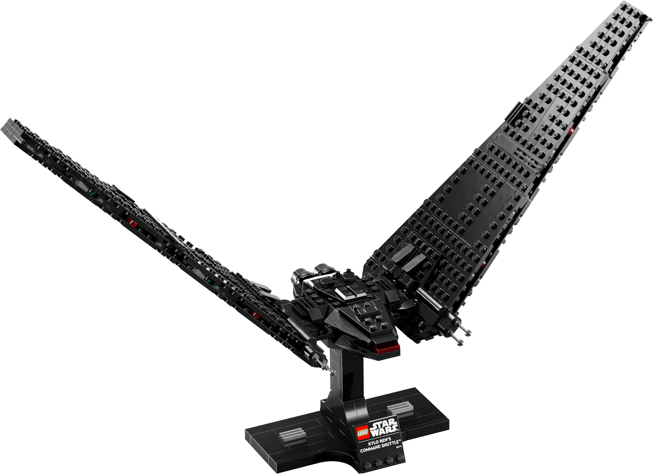 Siyah Lego Kylo Ren'in Komuta Mekik modeli, stand üzerinde, kanatları açık. Arka plan beyazdır.