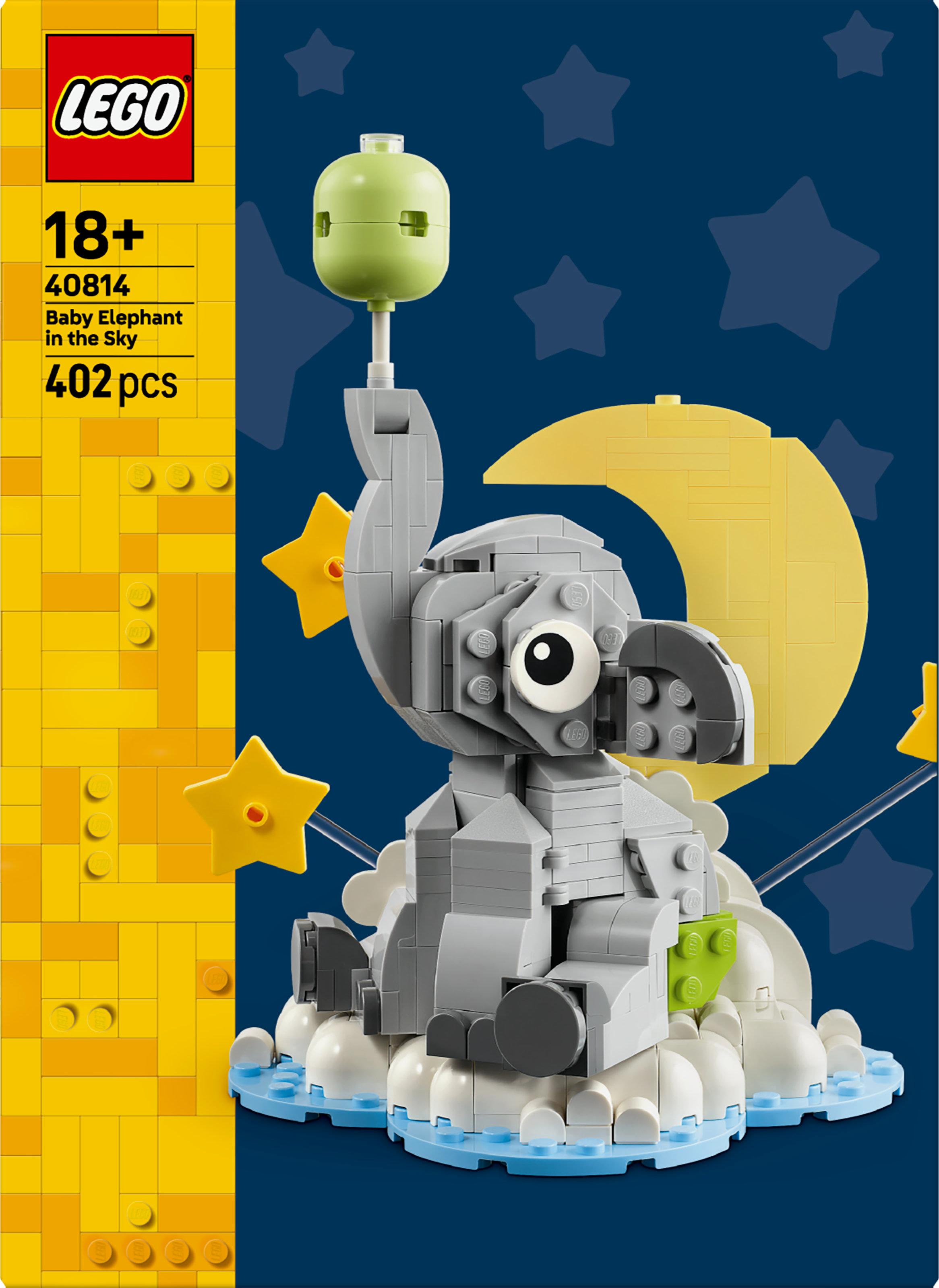 LEGO Baby Elephant in the Sky. Een grijze olifant zit op wolken, met een groene bal. Gele maan en sterren op de achtergrond.