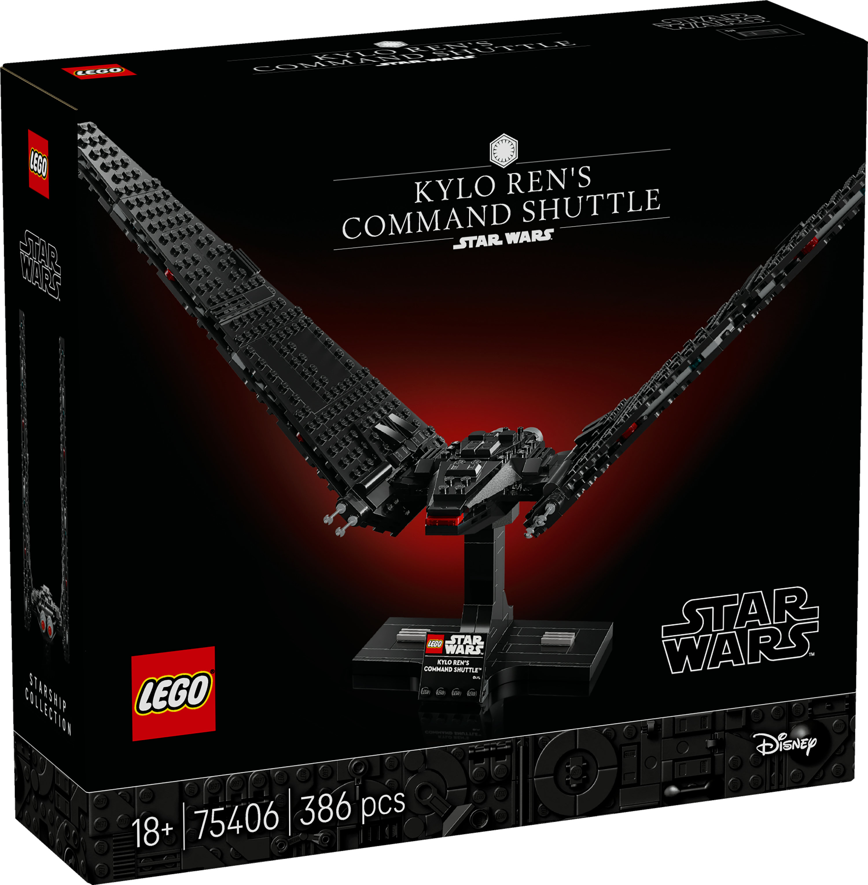 Kylo Ren'in Komuta Mekik'inin siyah bir Lego kutu seti. Star Wars ve Lego logolarını içerir.