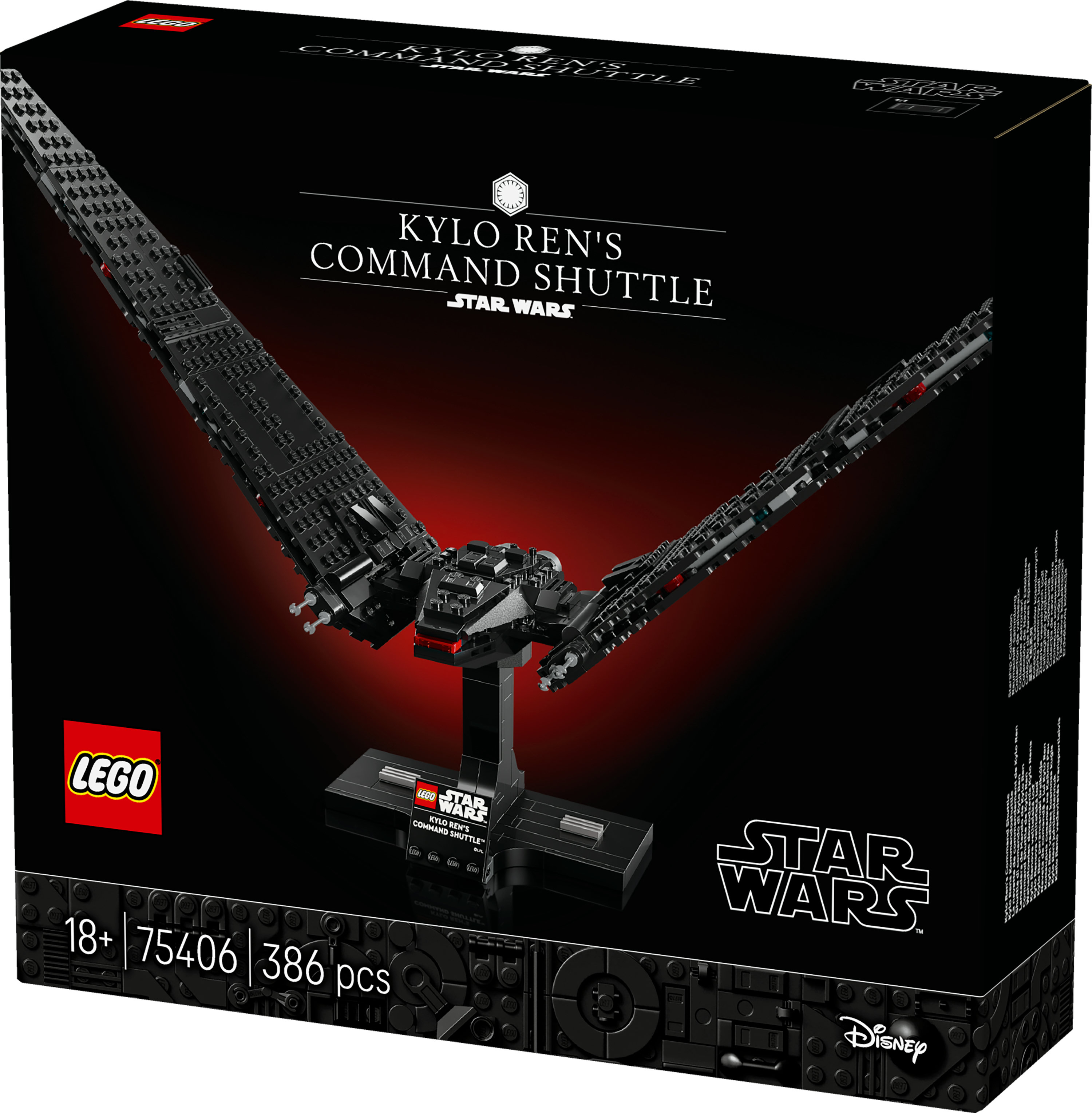 Kylo Ren'in Komut Mekiği içeren siyah LEGO kutusu. Star Wars ve LEGO logoları ve 18+ yaş içerir.
