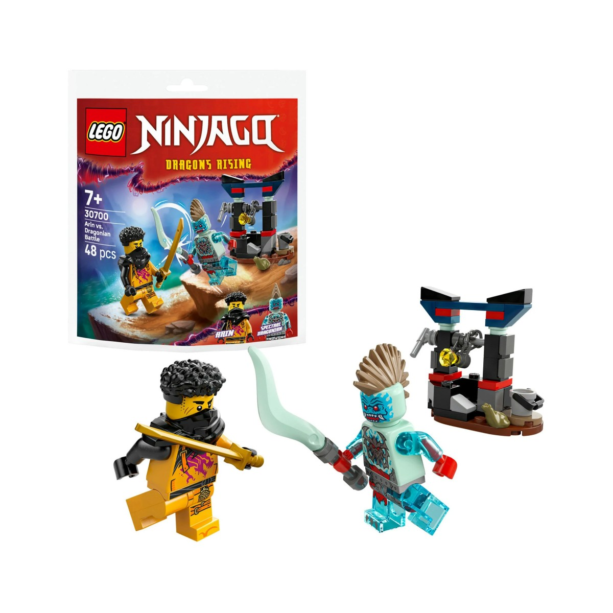LEGO Ninjago seti. İki minifigür, silahlar, küçük bir yapı ve setin içeriğini gösteren bir paket içerir.