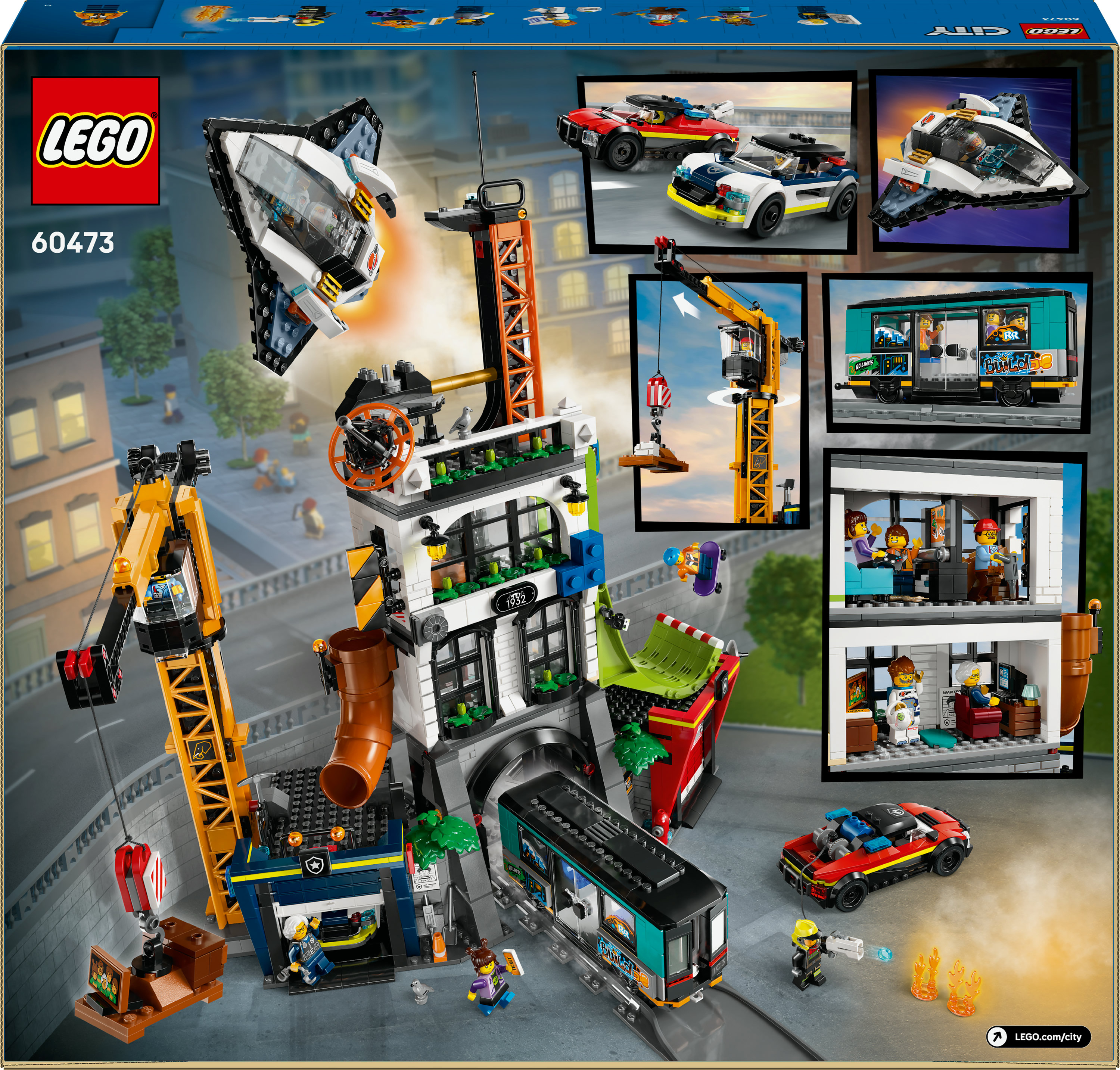 Binalar, araçlar ve minifigürler içeren Lego City seti. Bir uzay gemisi, vinç, tren ve polis arabası içerir.