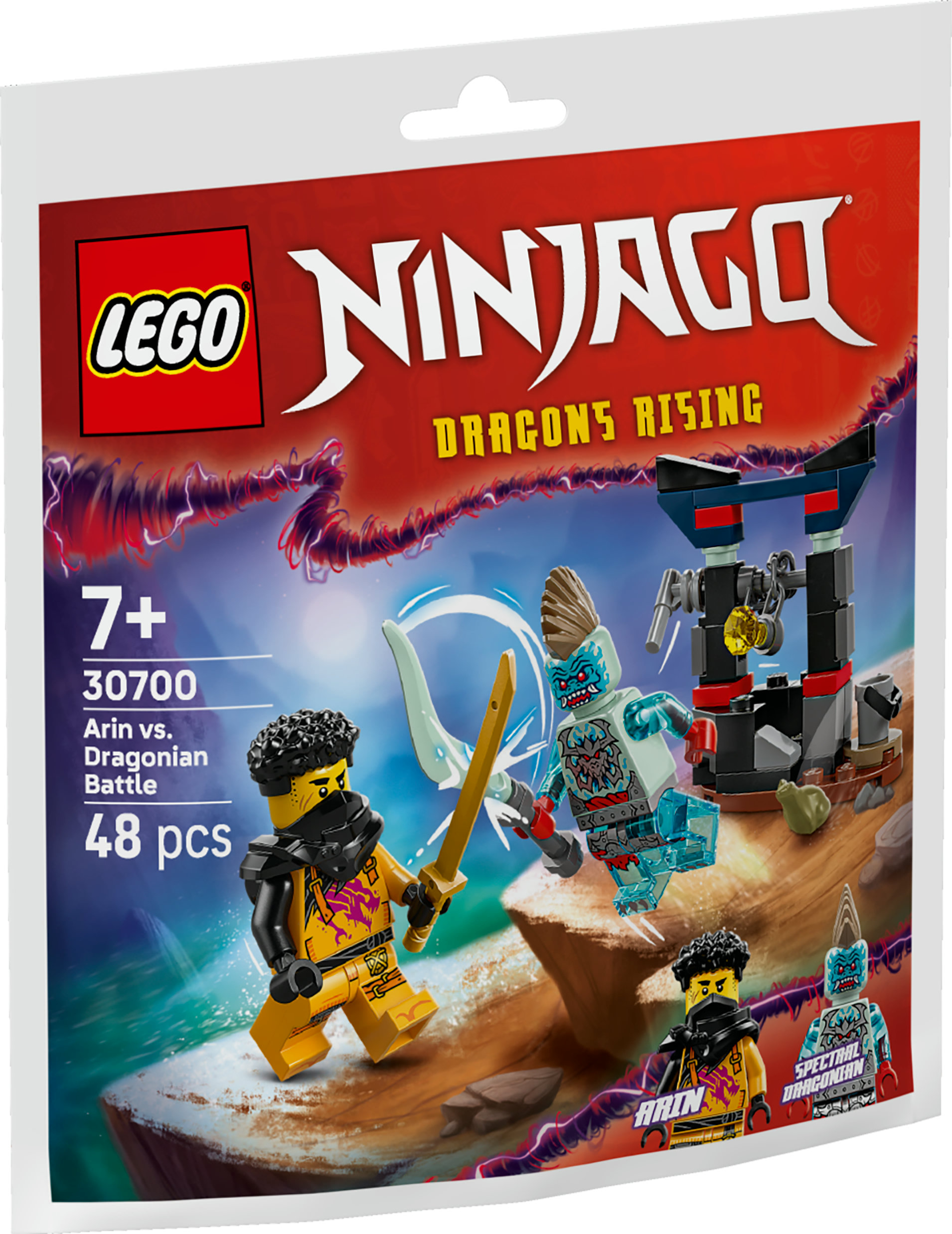 Lego Ninjago seti, kayalık bir arazide kılıçlarla savaşan iki figür, siyah bir yapı ve metin gösteriyor.