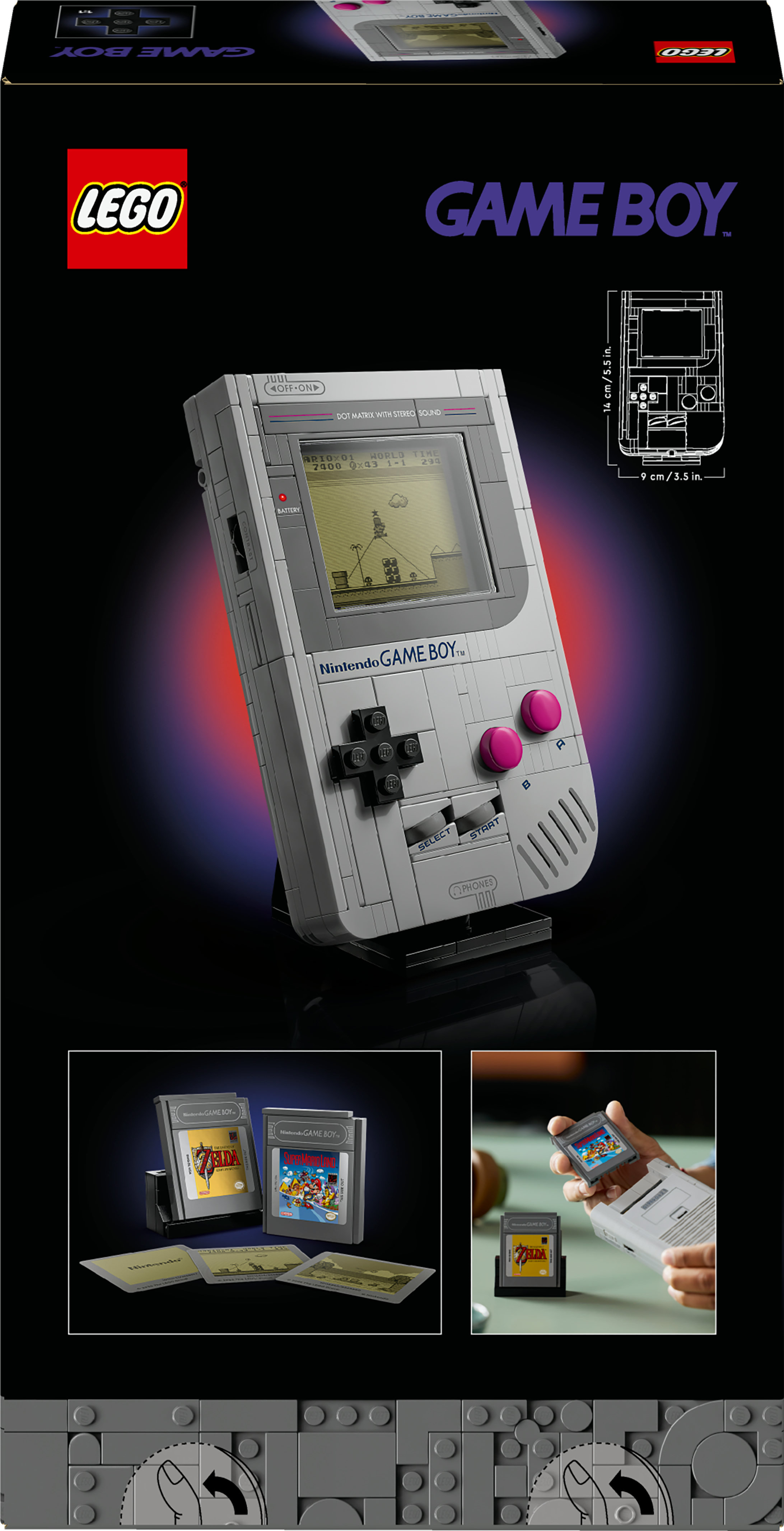 LEGO Game Boy seti. Oyun ekranlı Game Boy modeli ve bir kutu içerir.