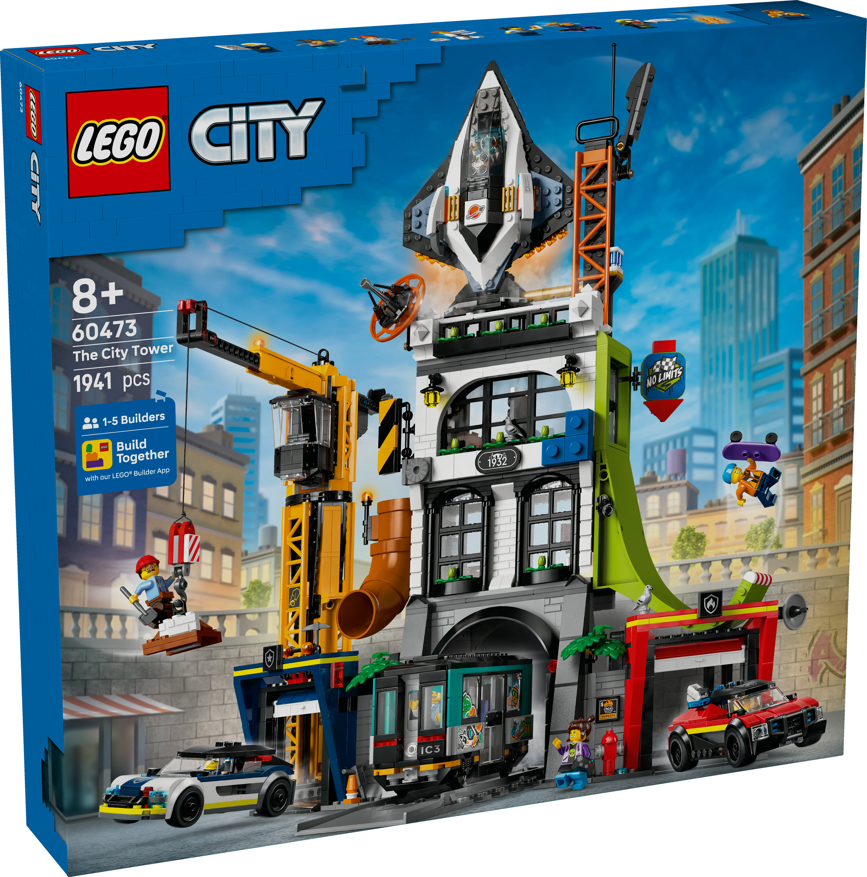 Lego City Tower kutu seti. Uzay gemisi, tren, polis arabası, itfaiye aracı ve minifigürler içeren bir kule içerir.