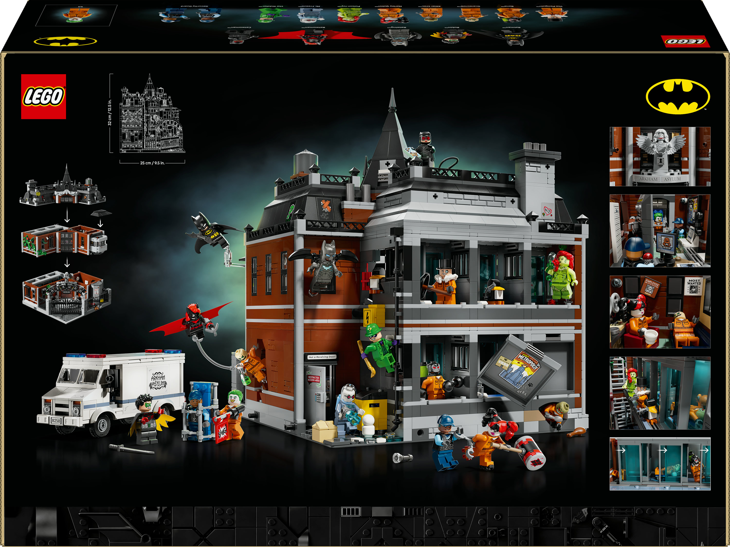 Zestaw LEGO Arkham Asylum. Batman, Joker i inne postacie. Szczegółowy budynek z różnymi scenami i postaciami.