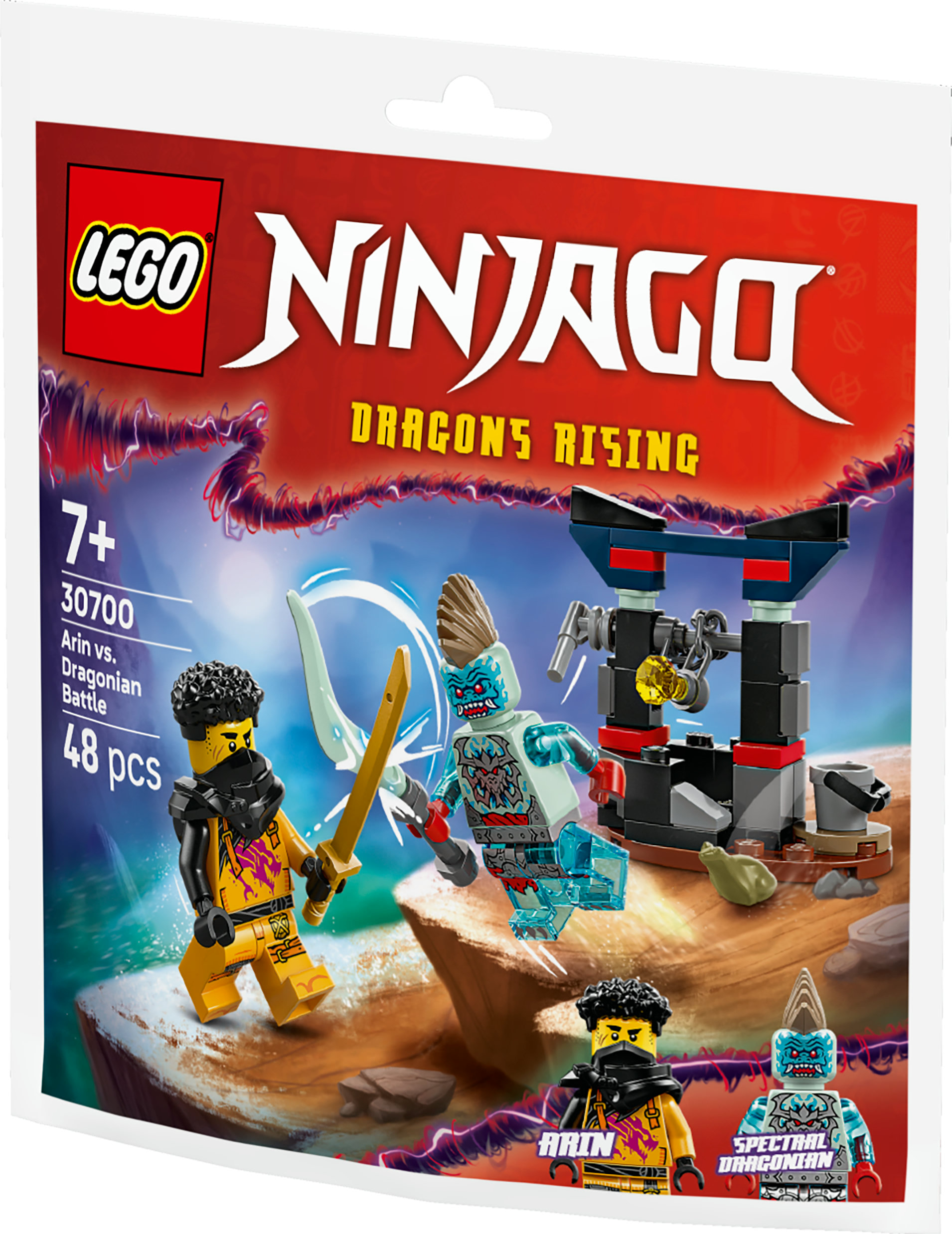 İki minifigürlü, bir yapıya sahip ve 'Dragons Rising' yazılı Lego Ninjago seti. Set 'Arin vs. Dragonian Battle'.