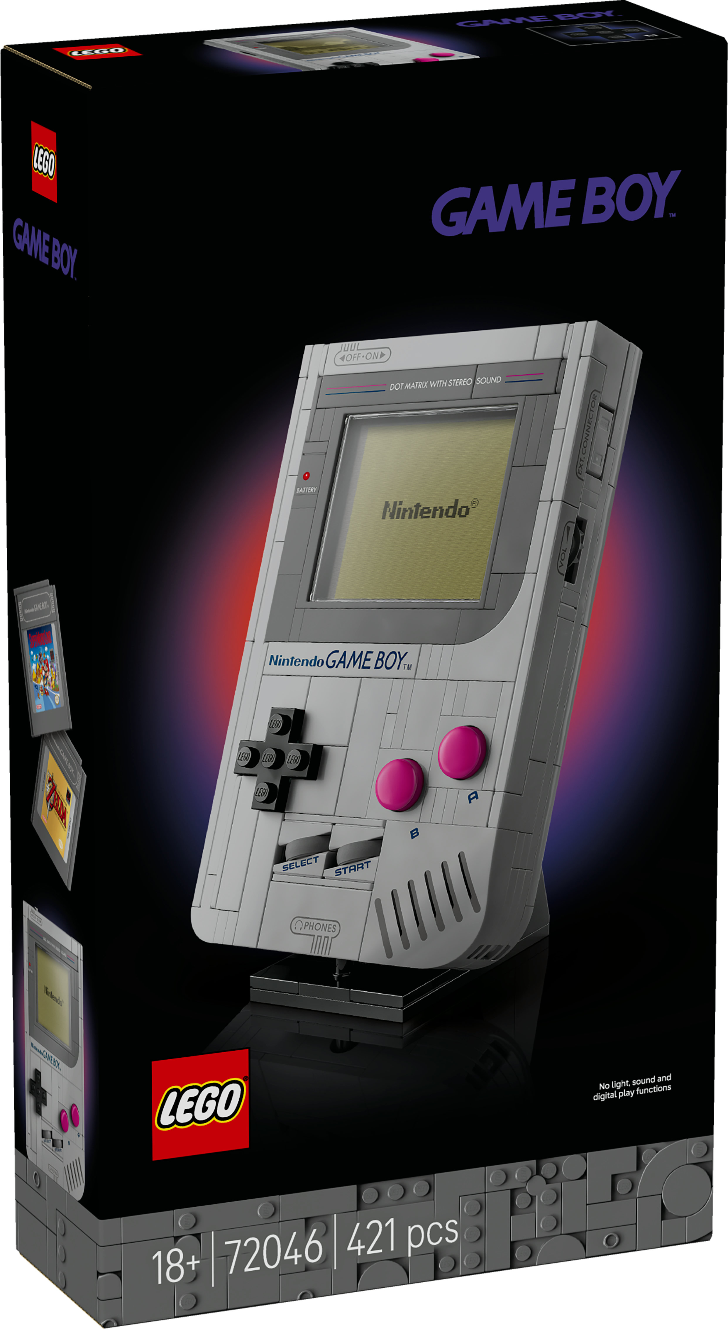 Bir Lego Game Boy kutusu. Kutu, Lego Game Boy modelini, oyun kartuşlarını ve Lego logosunu içerir. Siyah arka plan.