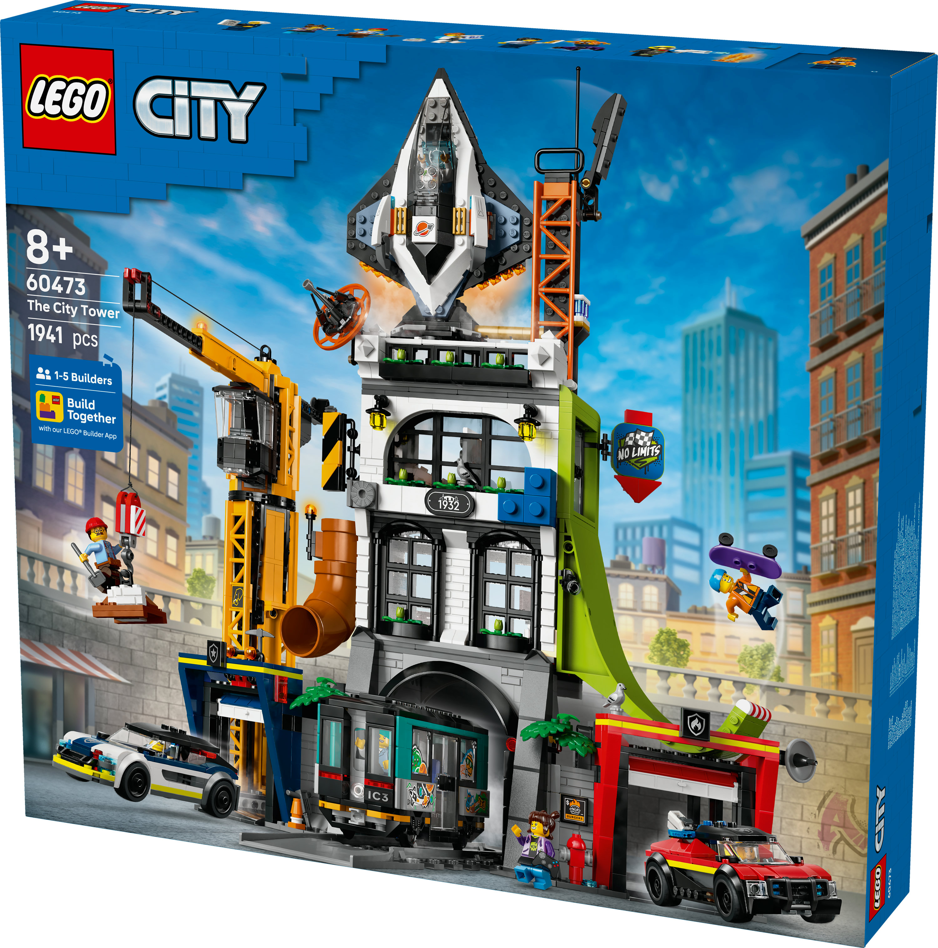 Lego City seti. Vinç, arabalar ve minifigürler ile çok katlı bir bina. Üstte bir uzay gemisi var.