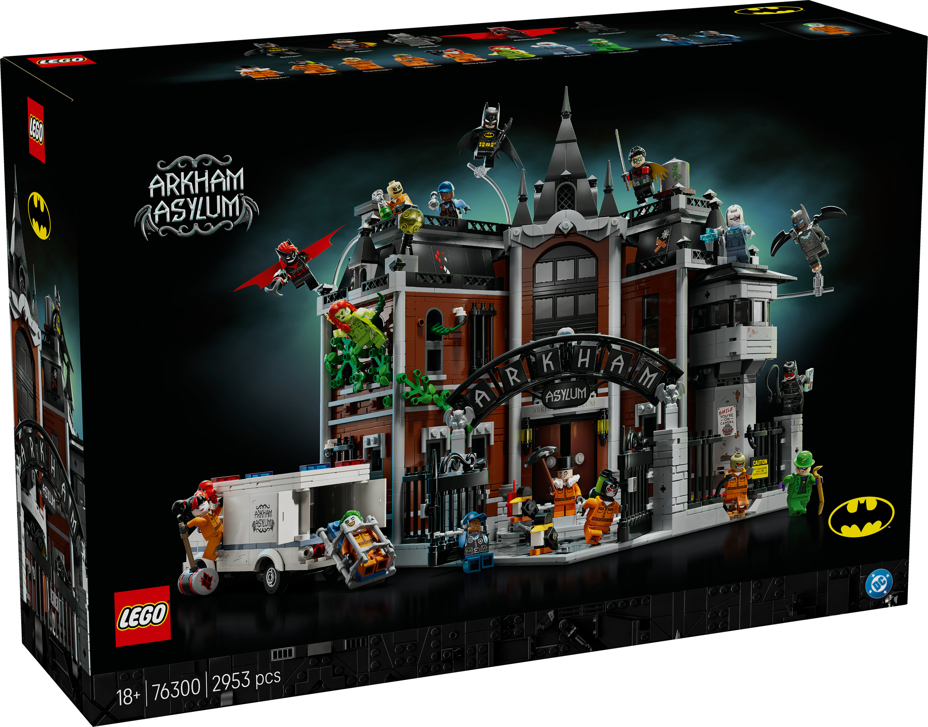 Grafika pudełka Lego z Arkham Asylum z postaciami Batmana. Zawiera budynek, figurki i logo. Czarne tło.