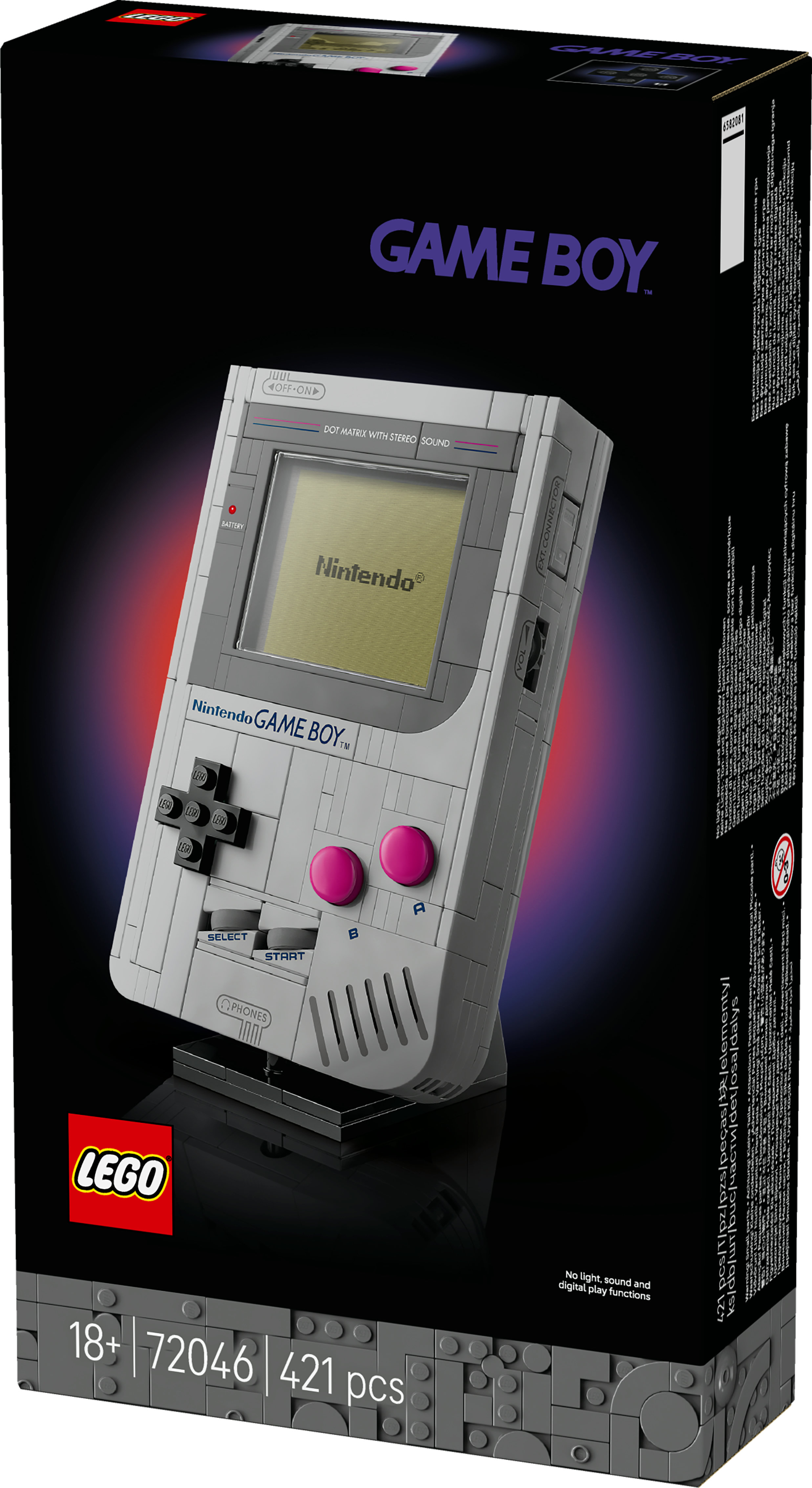 Bir LEGO Game Boy kutusu. Game Boy modeli gri, pembe düğmeli. Nintendo logosu ekranda görünür.