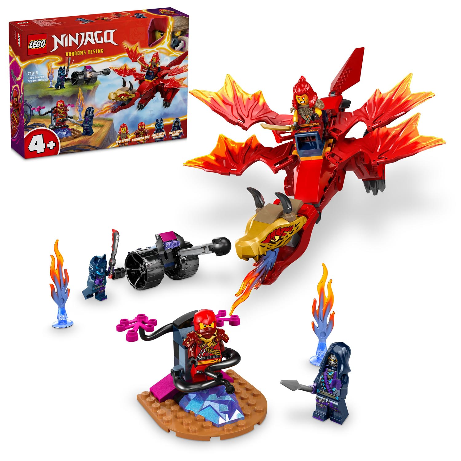 Zestaw LEGO Ninjago z czerwonym smokiem, minifigurkami i działem. Pudełko pokazuje postacie i nazwę zestawu: Dragons Rising.