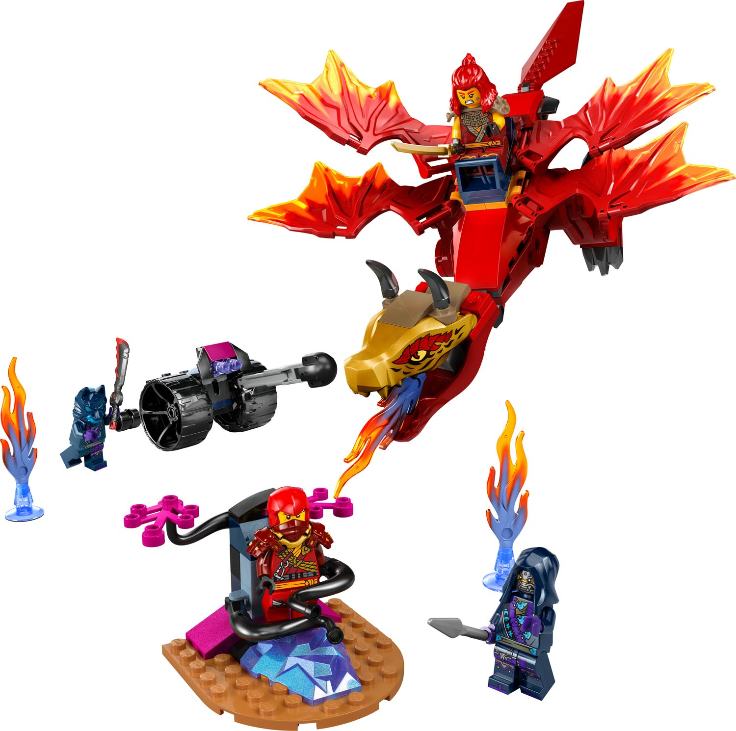 Zestaw Lego Ninjago. Czerwony smok z jeźdźcem, czarny pojazd i minifigurki. Obecne są również płomienie i różne figurki.
