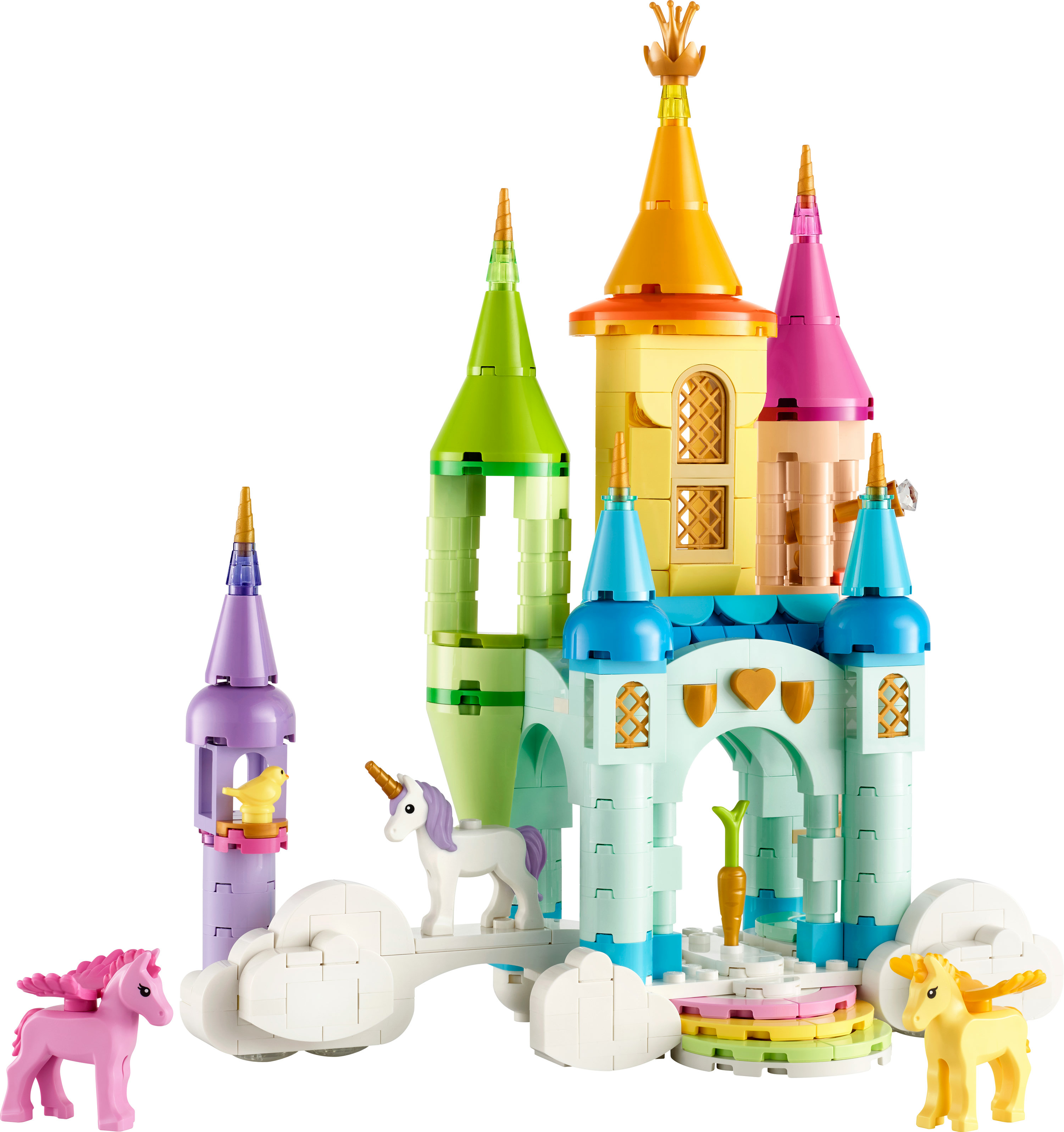 Un castello Lego colorato con unicorni. Ha più torri di diversi colori. Sono presenti anche due unicorni e un uccello.