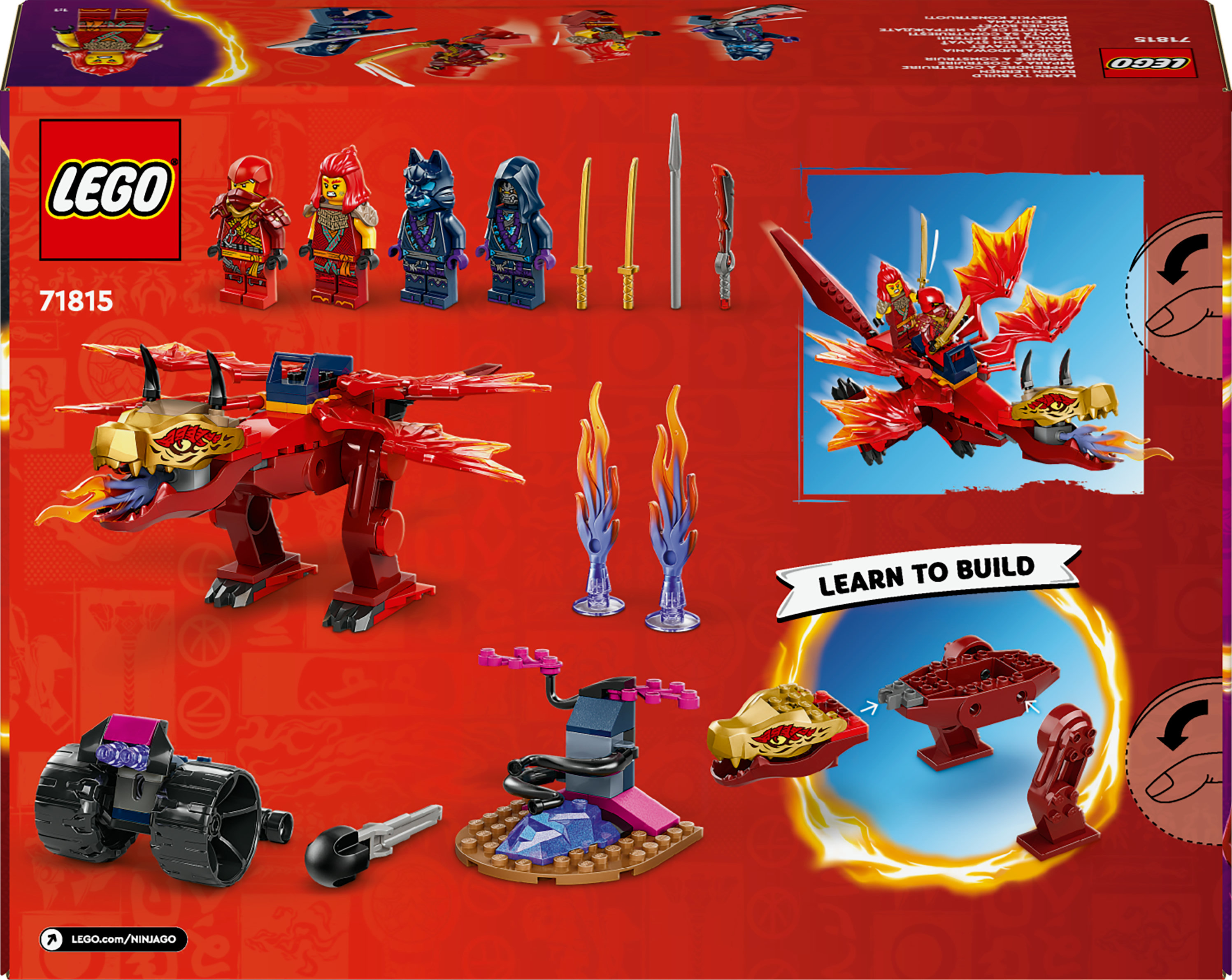 Pudełko LEGO 71815 z minifigurkami, smokiem, bronią i sceną budowy. Dominują kolory czerwony i złoty.