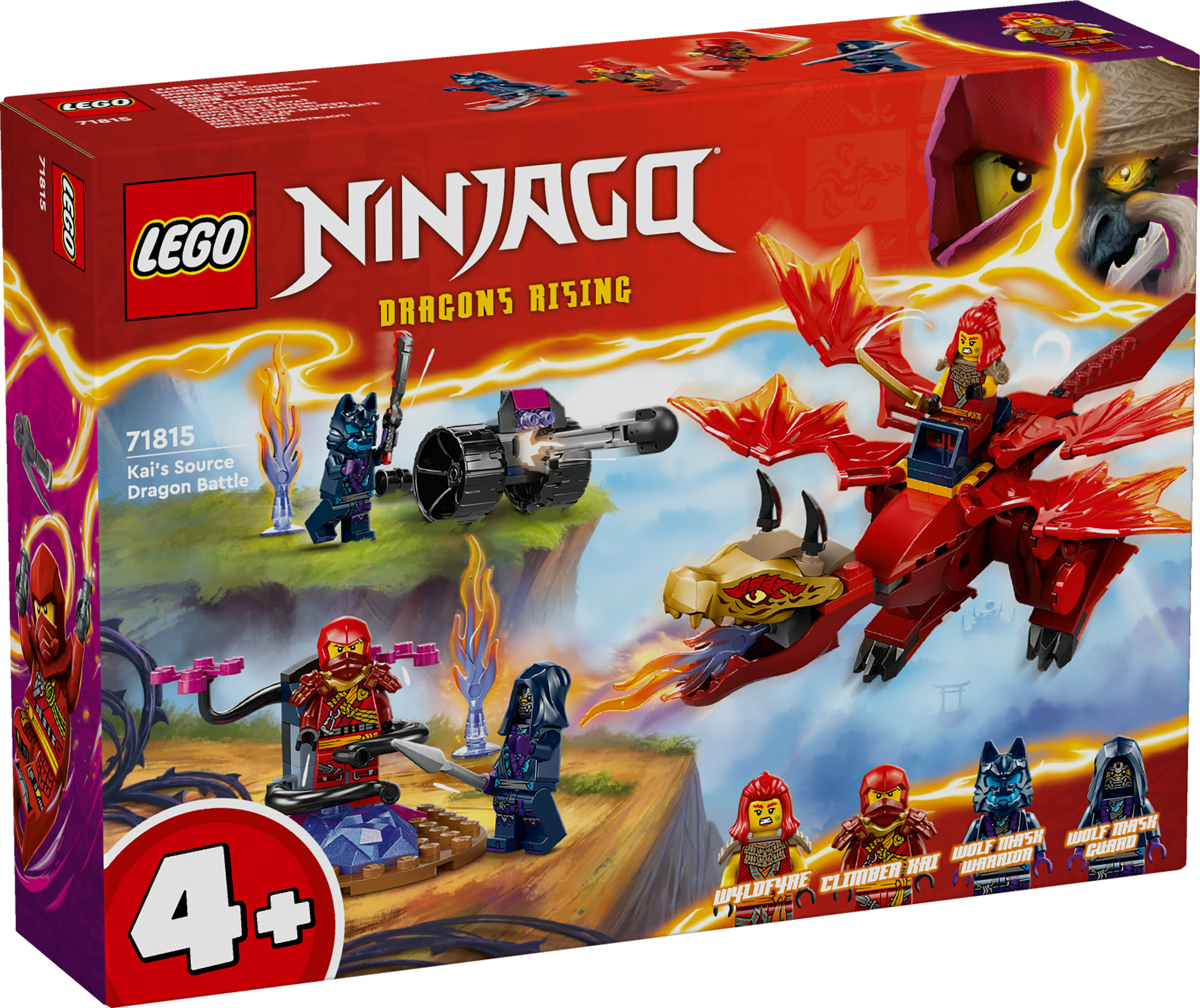 Pudełko Lego Ninjago. Czerwony smok i figurki. Zestaw Kai's Source Dragon Battle. Zawiera figurki i akcesoria.