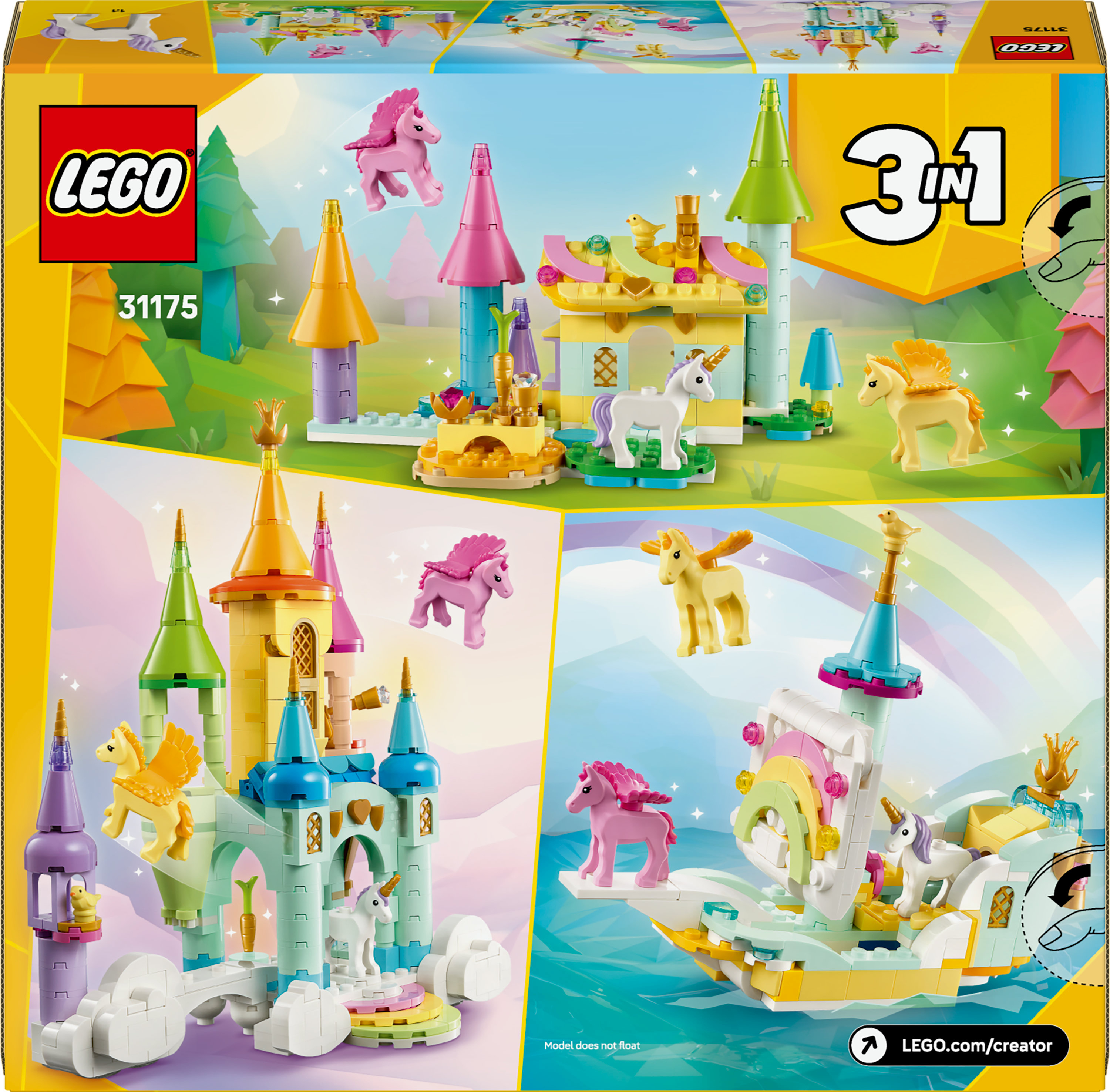Una scatola Lego con tre costruzioni: castello, barca ed edifici. Sono presenti unicorni e pegasi. La scatola è multicolore.