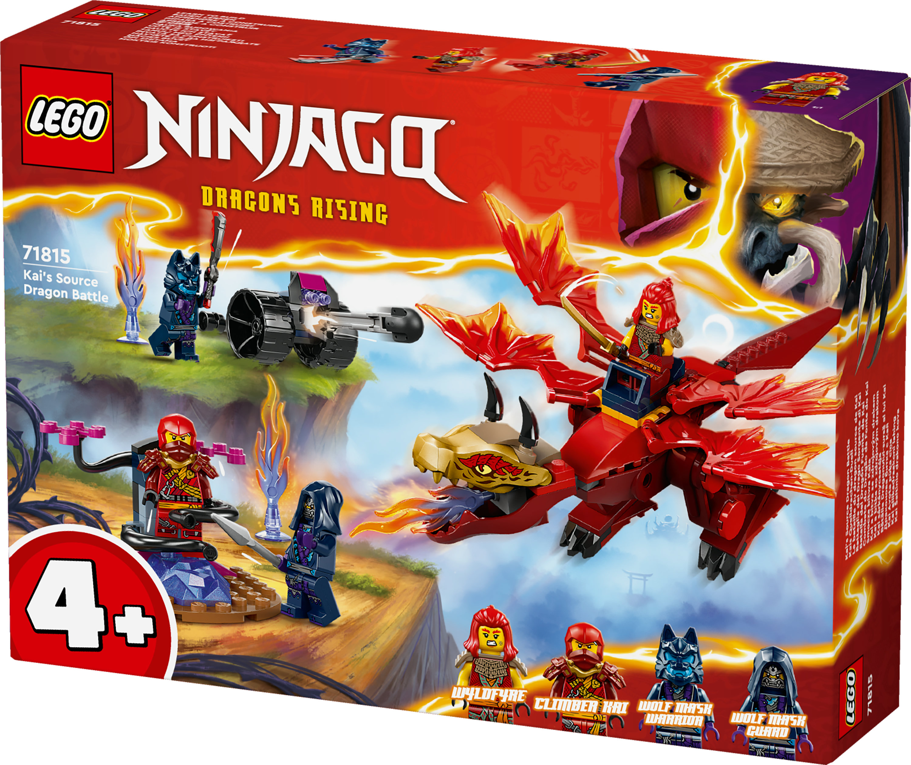 Zestaw LEGO Ninjago. Czerwony smok z jeźdźcem, minifigurkami i elementami sceny walki na czerwonym tle.