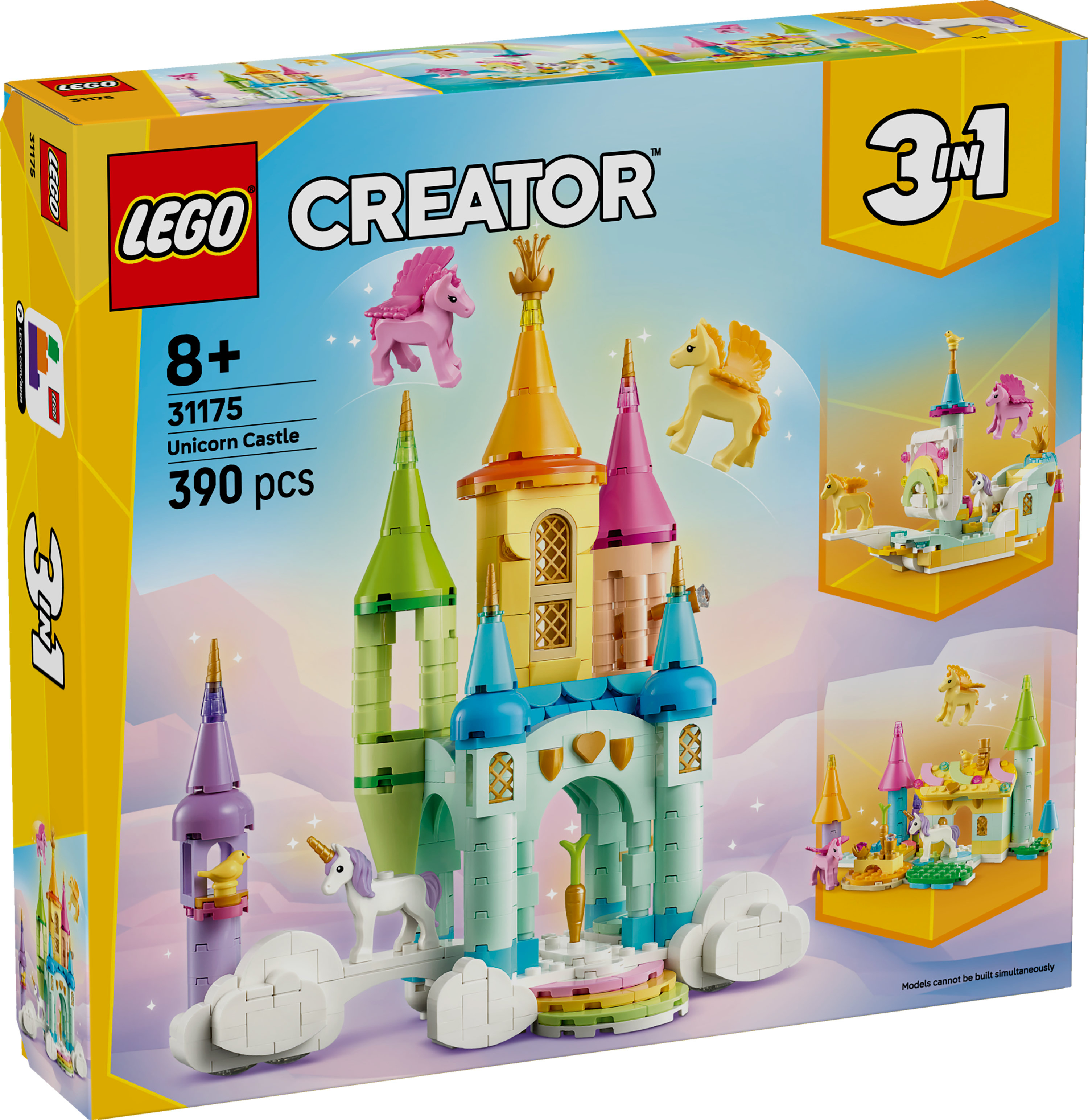 Scatola Lego Creator con un set castello unicorno. Include un castello, unicorni e un design 3 in 1.