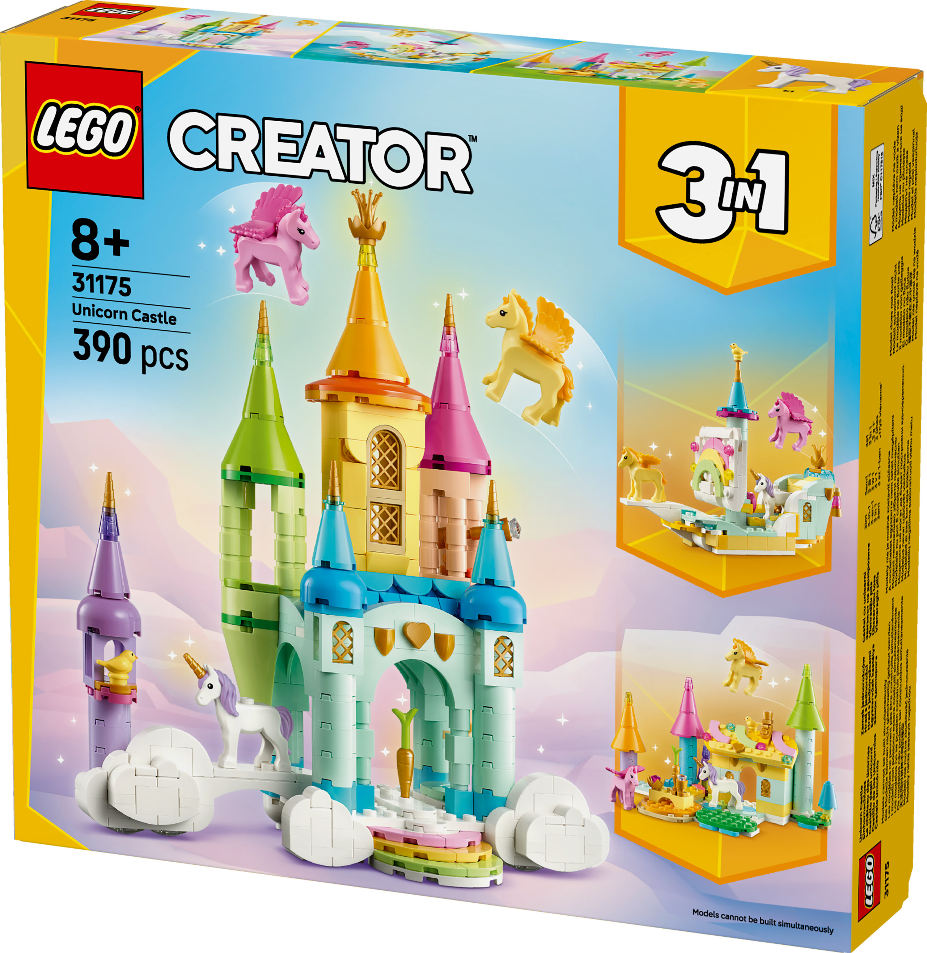 Set scatola Lego Creator. Presenta un castello con unicorni, Pegaso e un design 3-in-1.