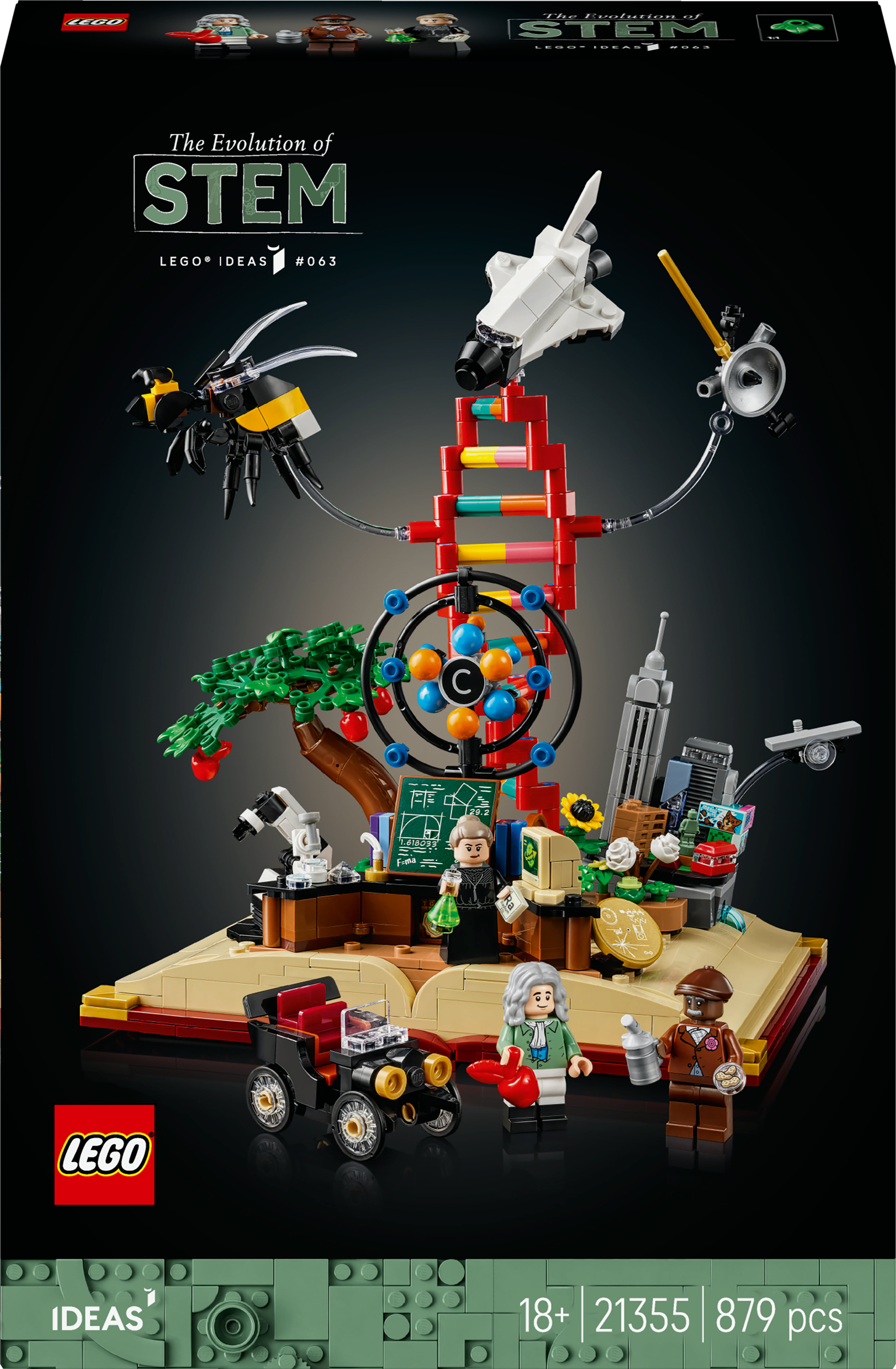 STEM evrimini gösteren LEGO seti. Bir arı, DNA modeli, uzay mekiği, Newton, Marie Curie ve bir araba içerir.