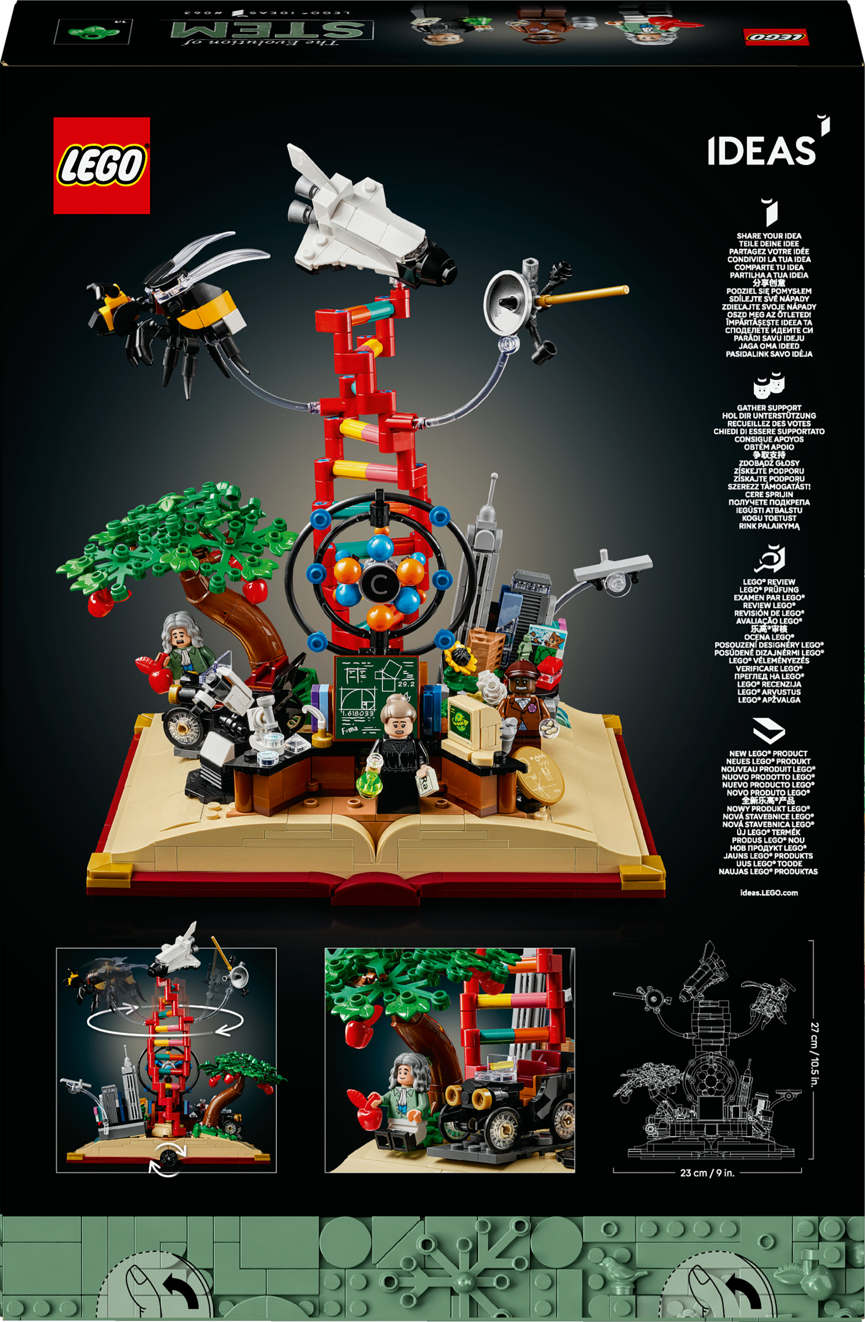 Bir arı, uzay mekiği ve açık bir kitap üzerindeki figürlerle bilimi tasvir eden Lego seti.