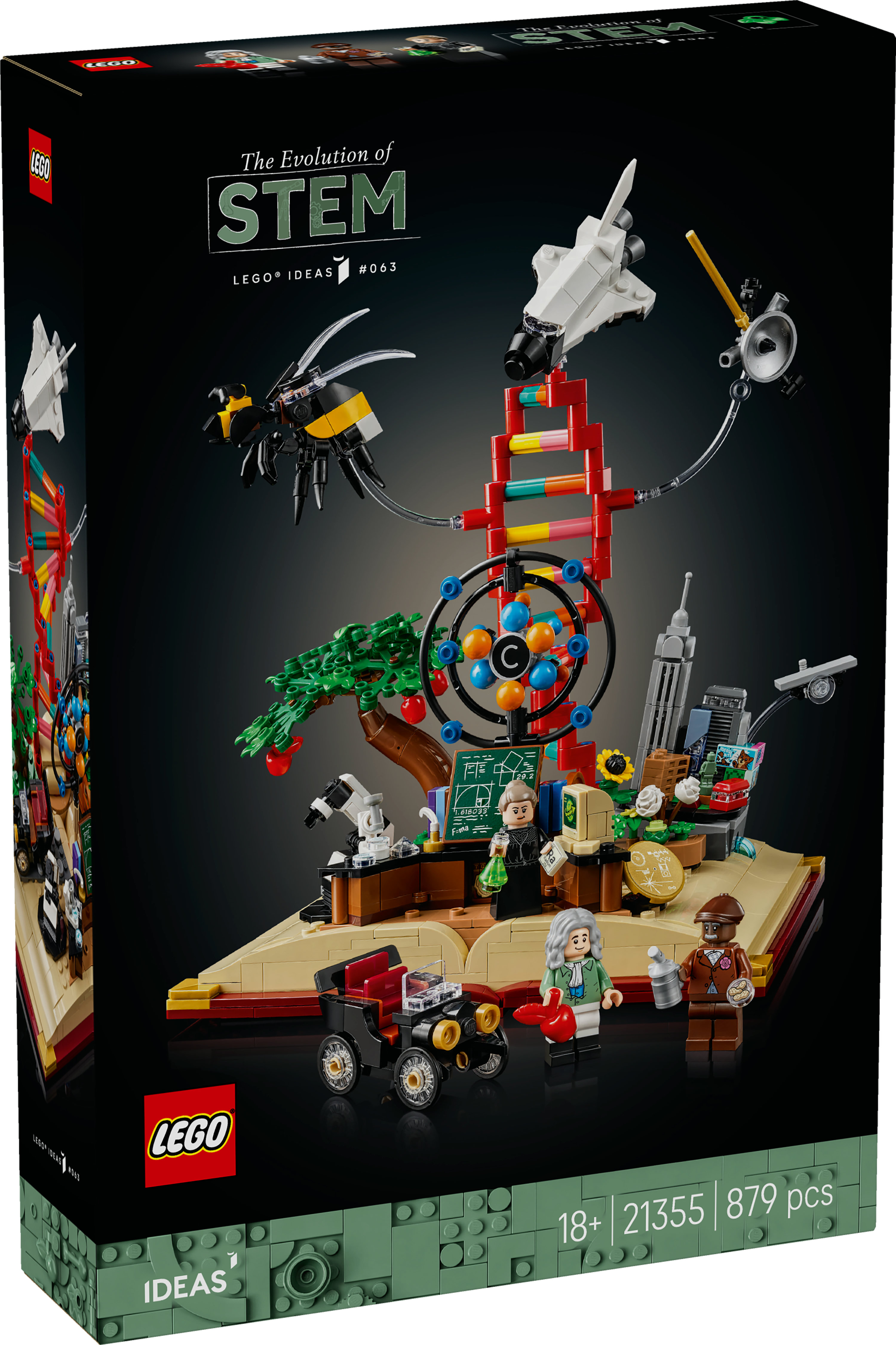 STEM öğeleri içeren Lego set kutusu. Lego figürleri, bir araba, bir arı ve bir DNA modeli içerir.