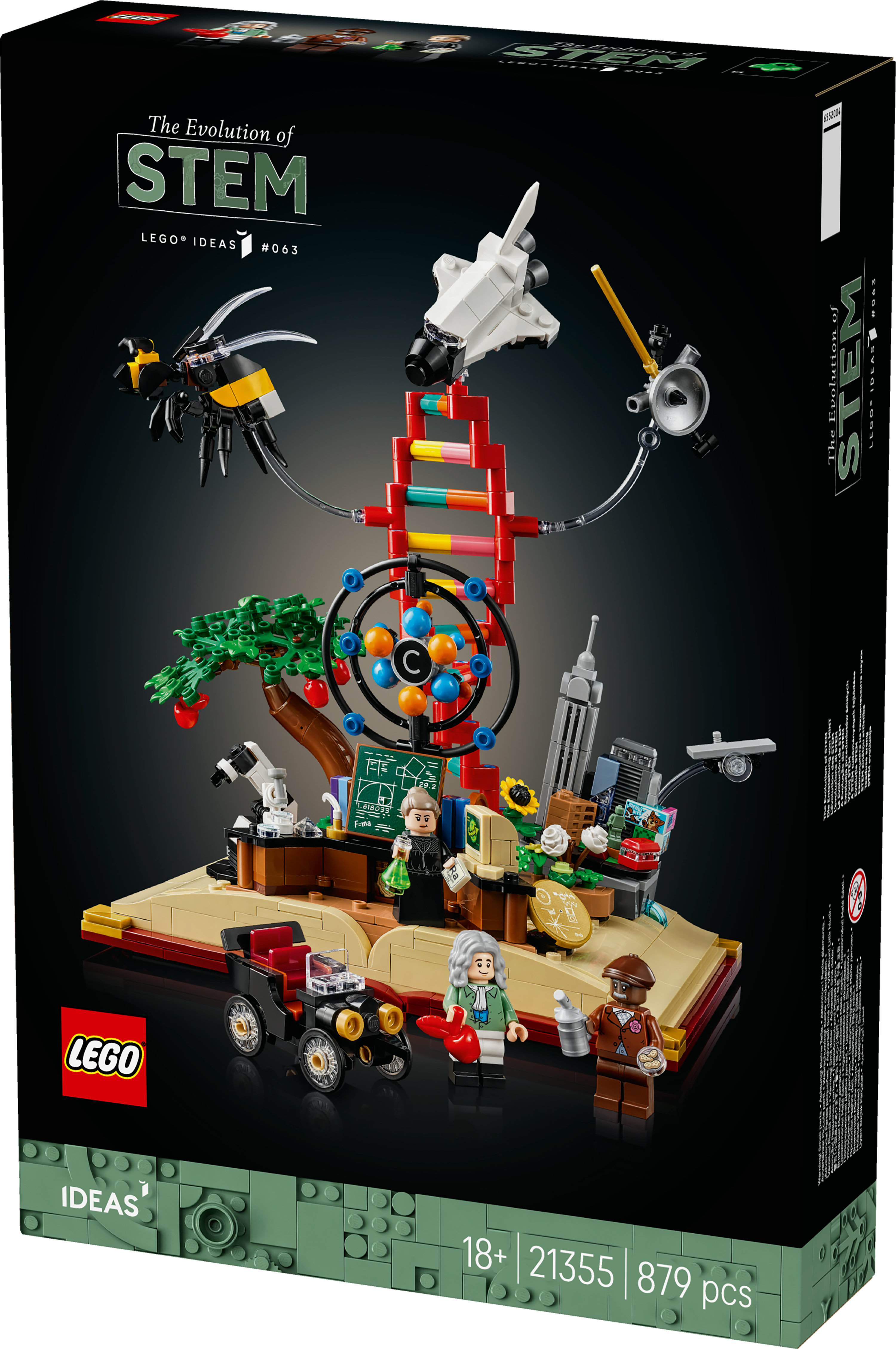 Lego kutu seti. Arı, DNA, uzay mekiği, bilim insanı figürleri ve bir araba modelleriyle STEM evrimini gösterir.