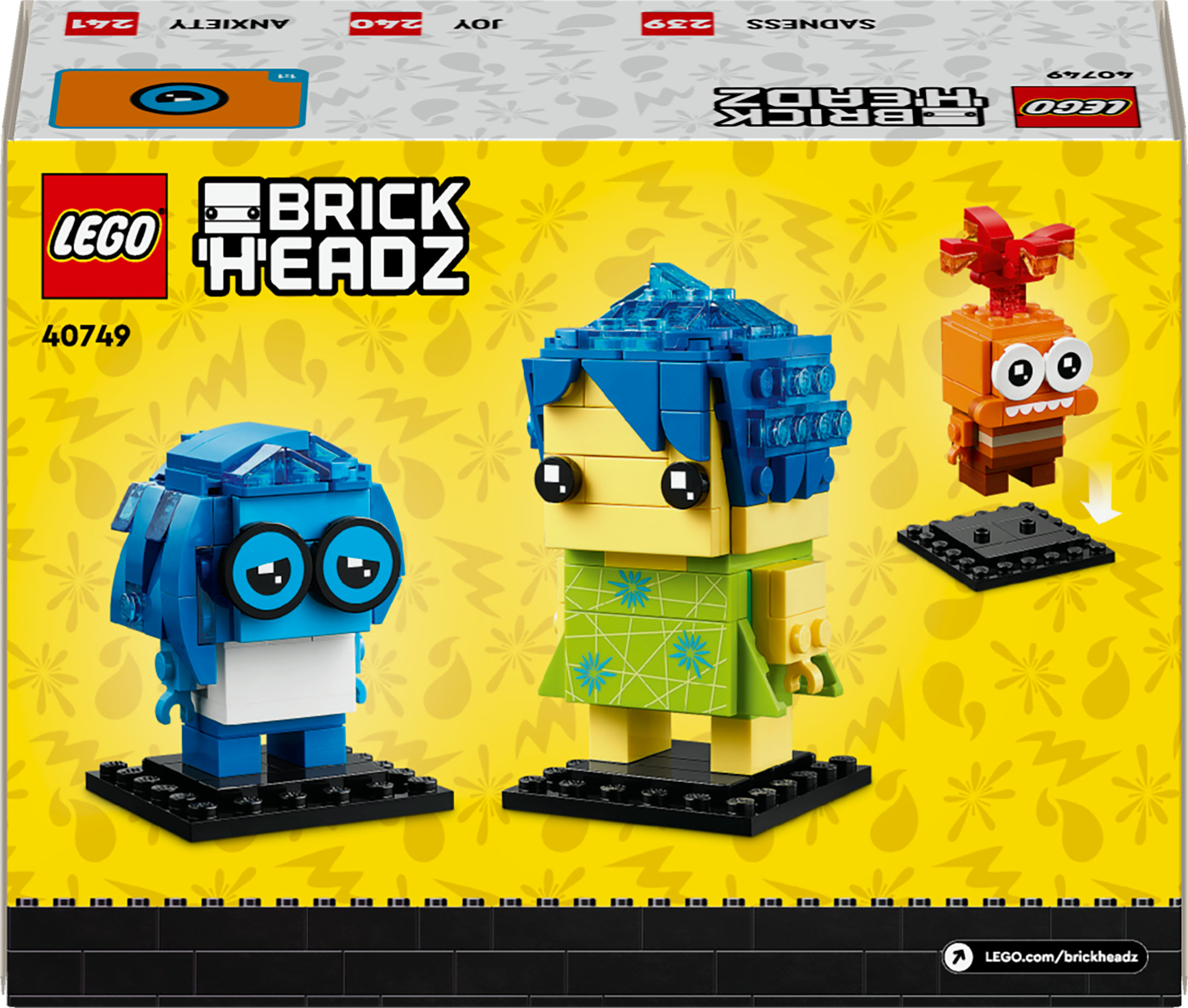 Ensemble LEGO BrickHeadz 40749 avec trois personnages de Inside Out : Tristesse, Joie et Colère, chacun sur une base noire.