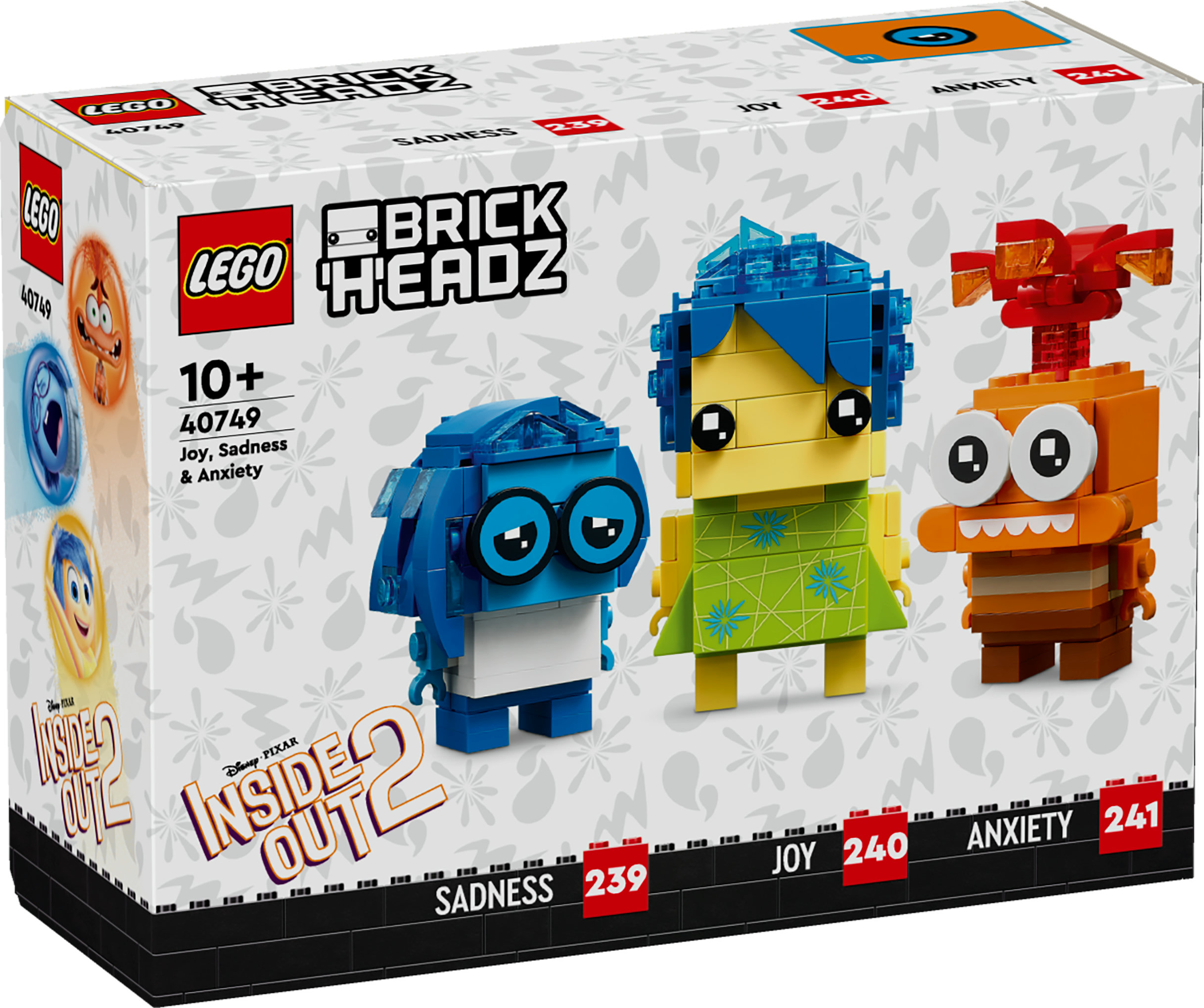 Coffret Lego BrickHeadz avec les personnages de Joie, Tristesse et Anxiété de Inside Out 2. Fond blanc et détails noirs.