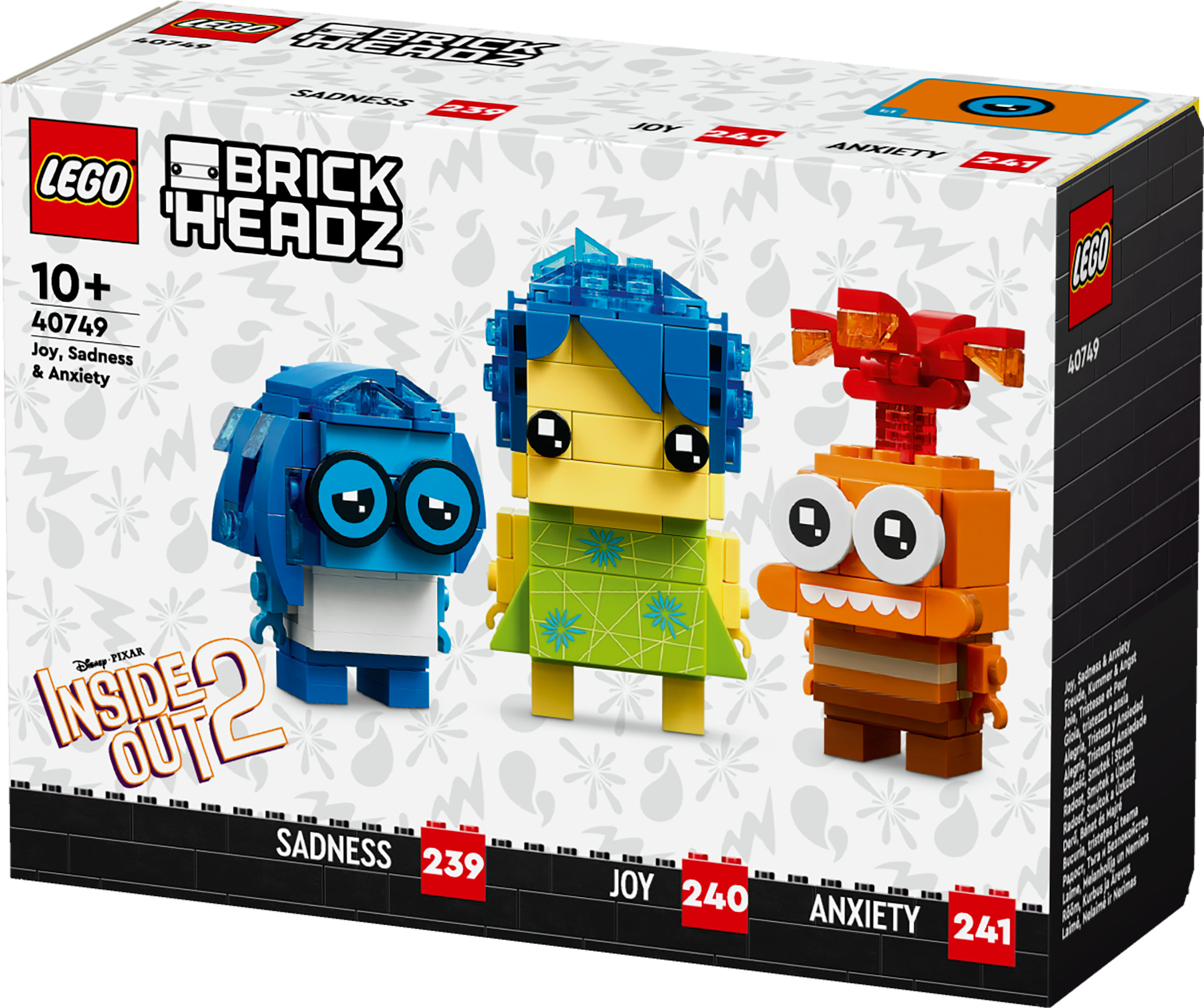 Boîte Lego BrickHeadz avec les personnages Joie, Tristesse et Anxiété de Inside Out 2.
