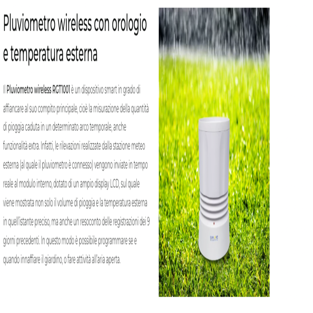 Pluviometro bianco in erba verde, con pioggia. Testo italiano descrive le funzioni del dispositivo.