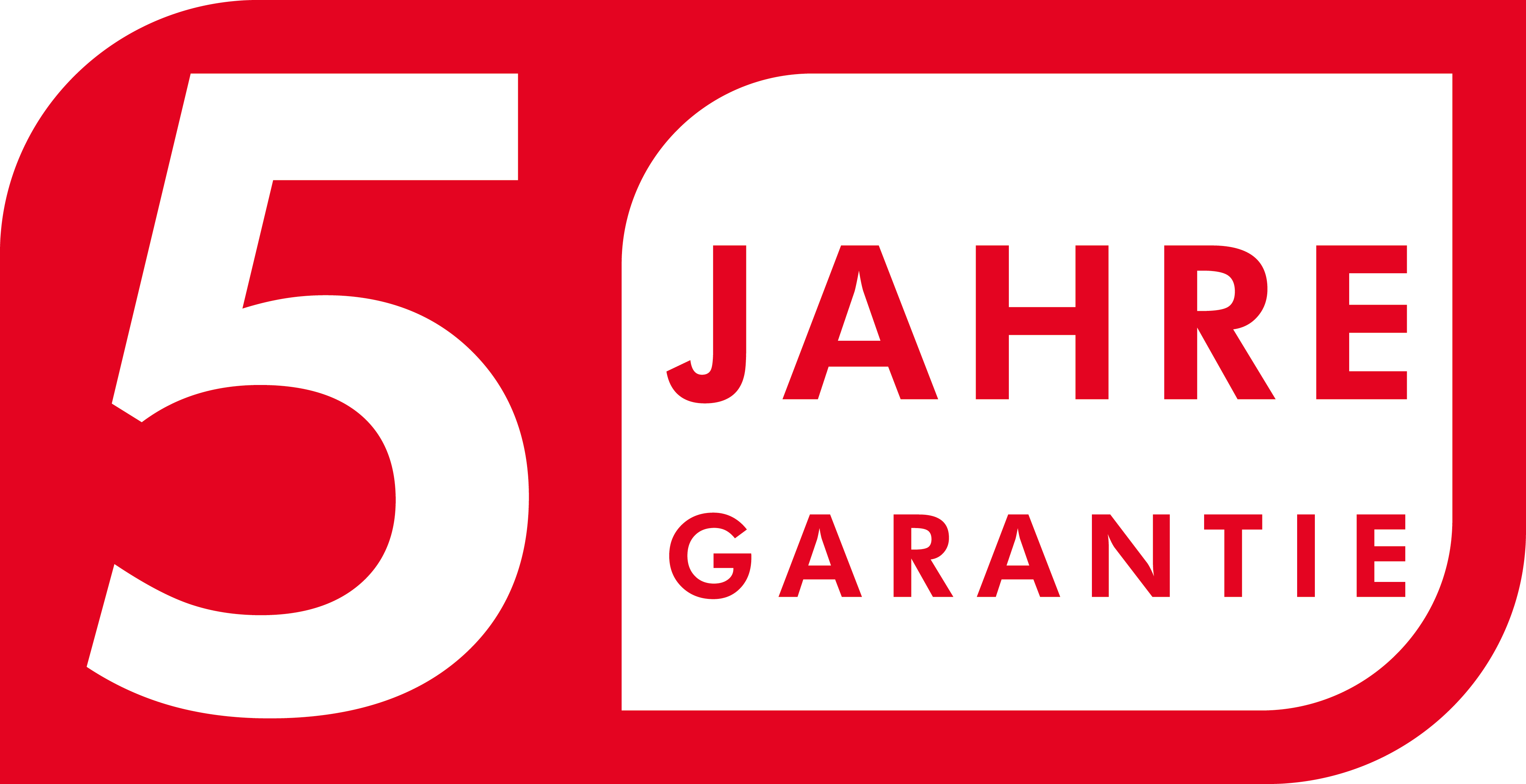 Czerwone tło z białym numerem 5 i tekstem 'Jahre Garantie' w białym, zaokrąglonym prostokącie.