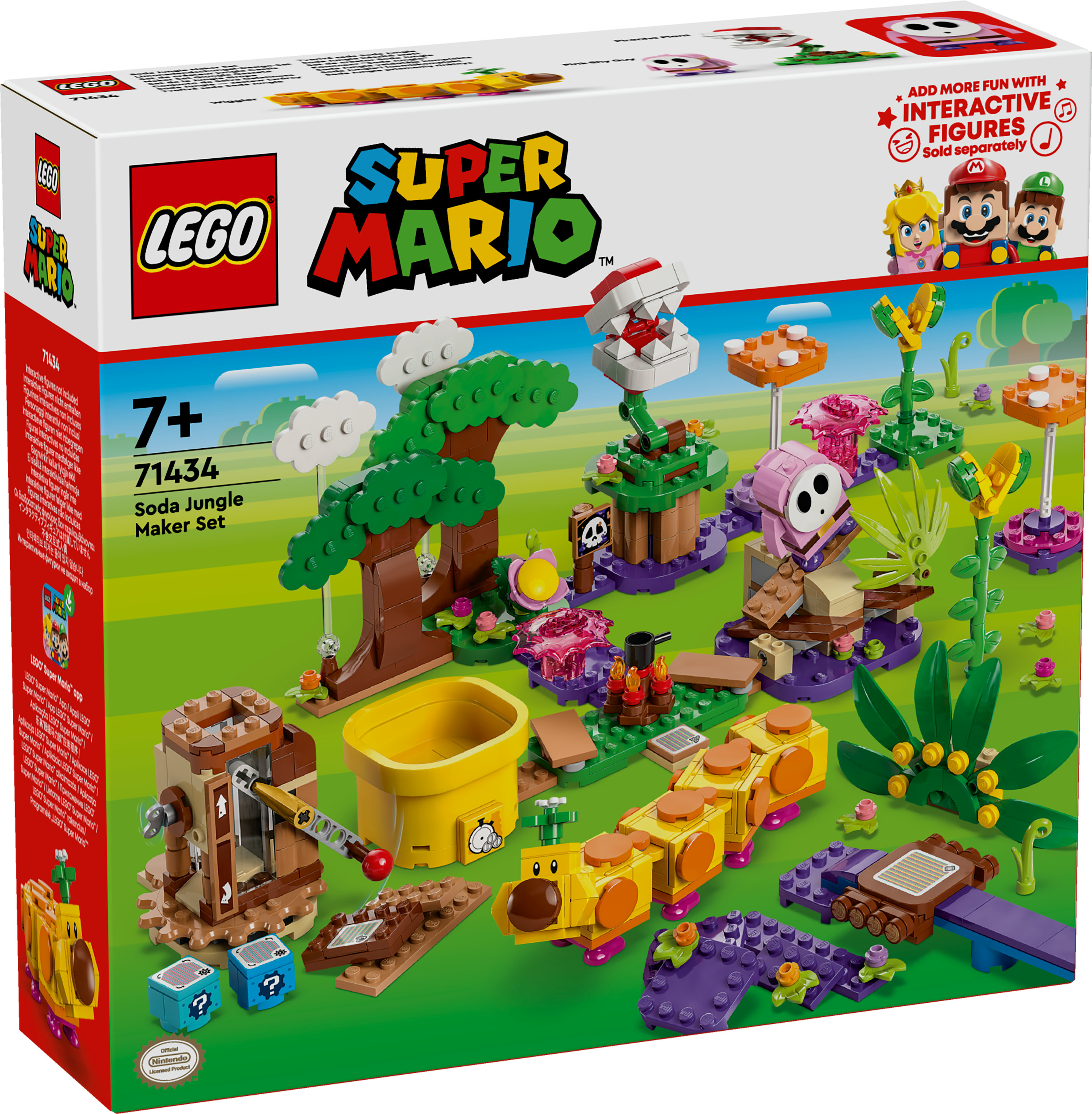 Boîte Lego Super Mario Soda Jungle Maker Set. Avec personnages, plantes et une figurine jaune en forme de chenille.