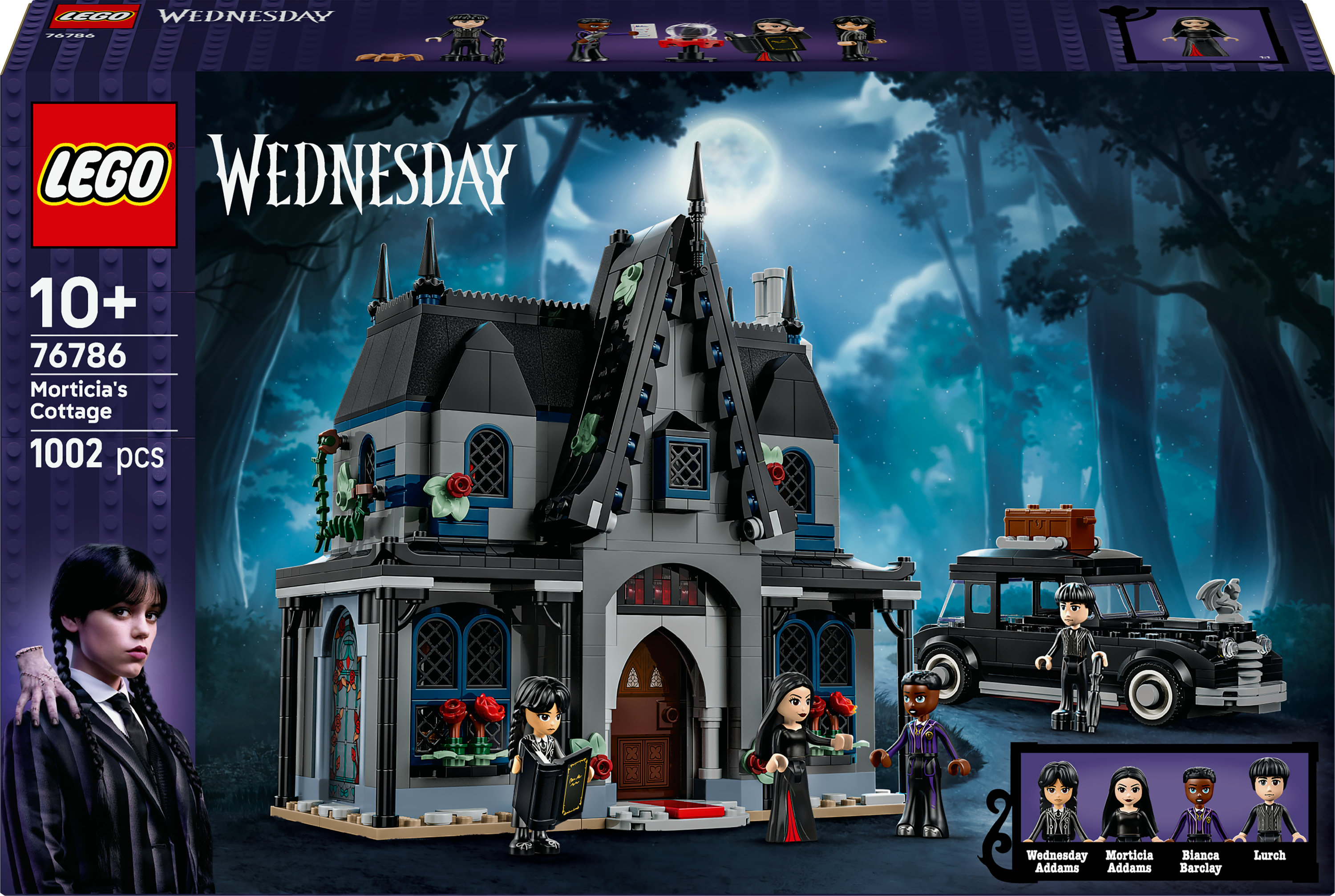 Pudełko zestawu Lego z serii Wednesday. Zawiera Morticia's Cottage, minifigurki, samochód i logo Lego.