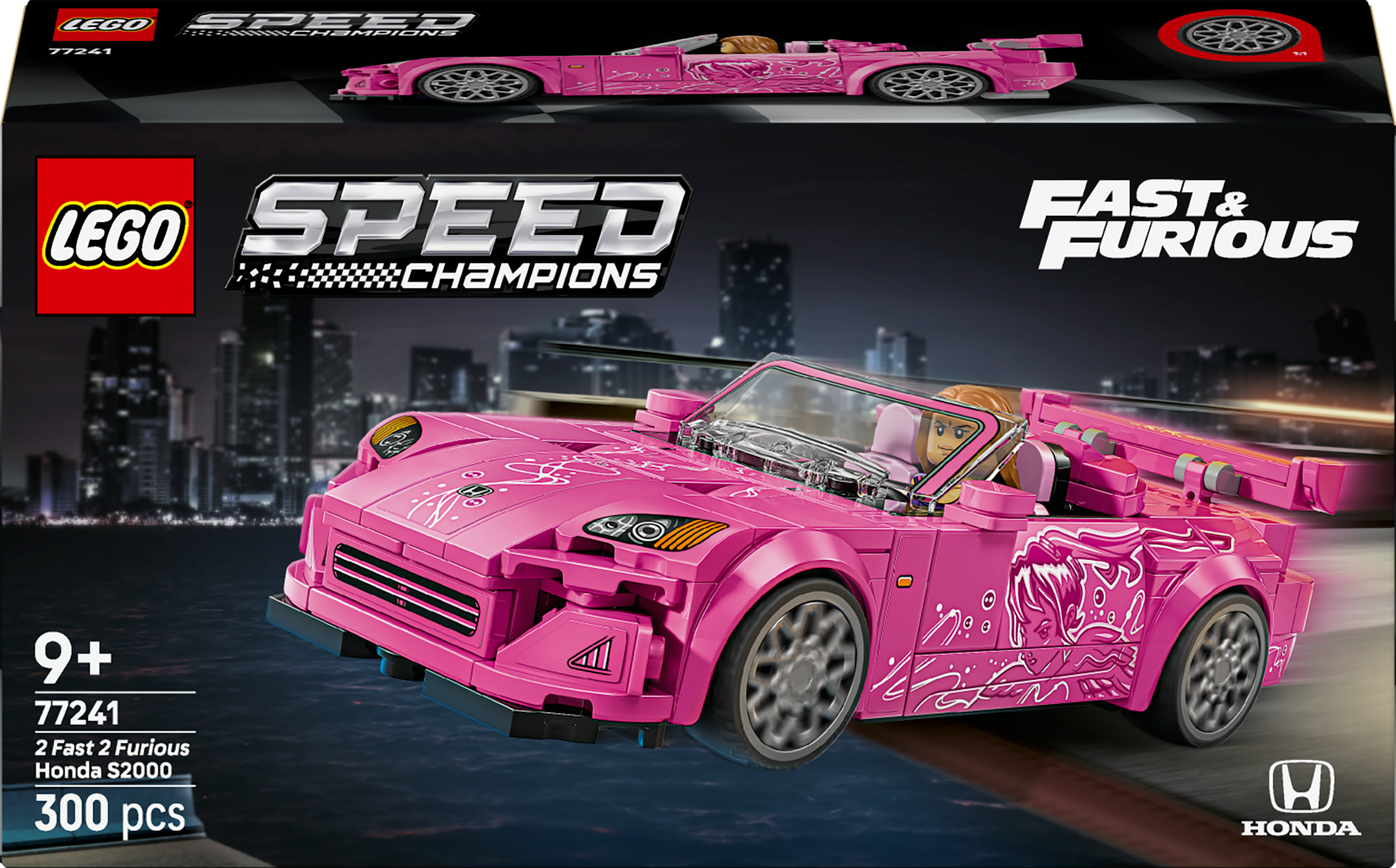 Różowy zestaw samochodowy Lego Speed Champions, 2 Fast 2 Furious Honda S2000, z tłem miejskim i logo Lego.
